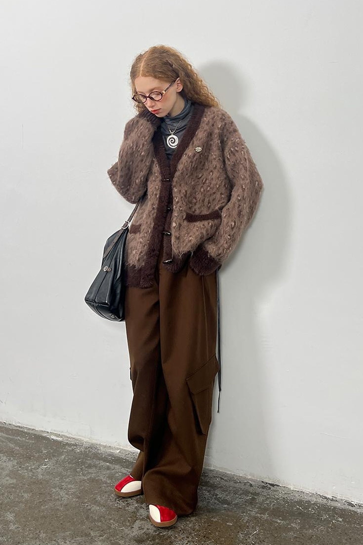 DIDDI MODA Vintage Leopard Knit Set Cardigan Skirt