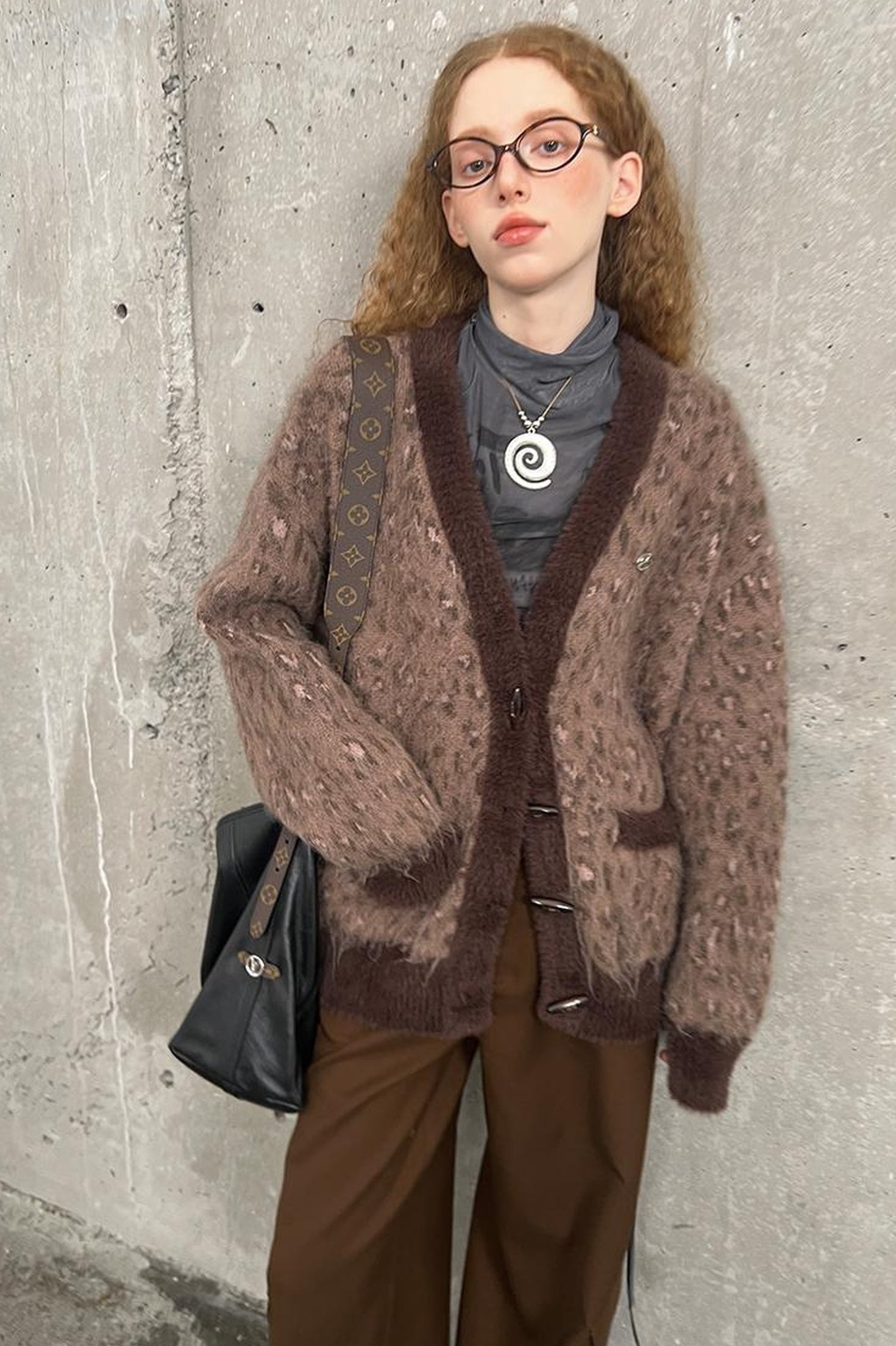 DIDDI MODA Vintage Leopard Knit Set Cardigan Skirt