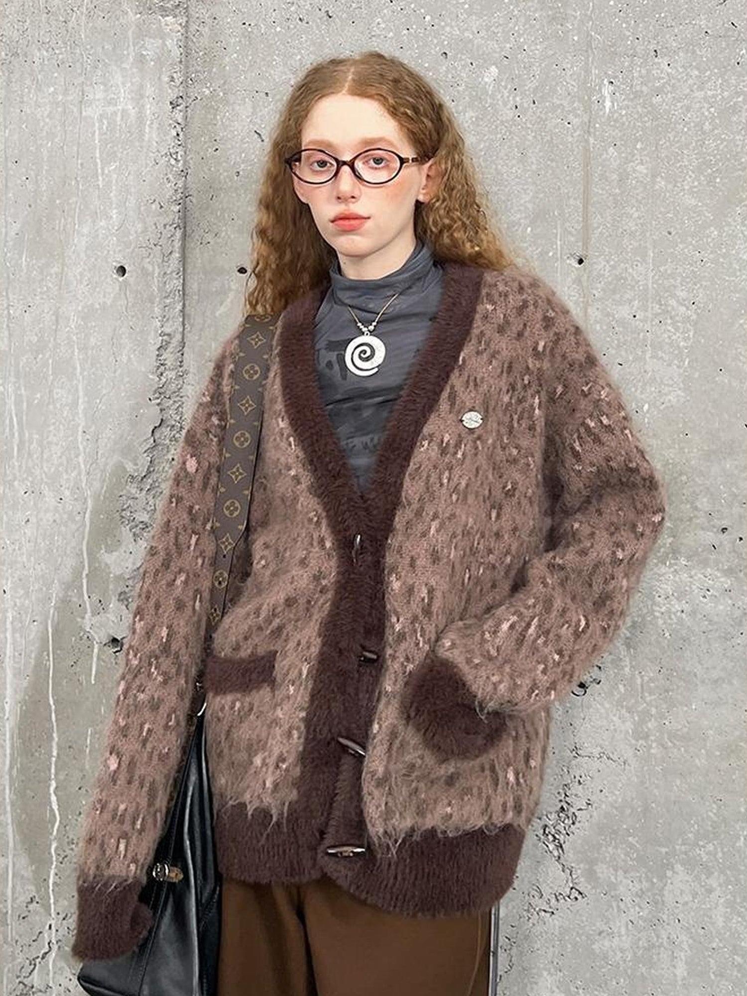 DIDDI MODA Vintage Leopard Print Knit Cardigan With Wooden Buttons
