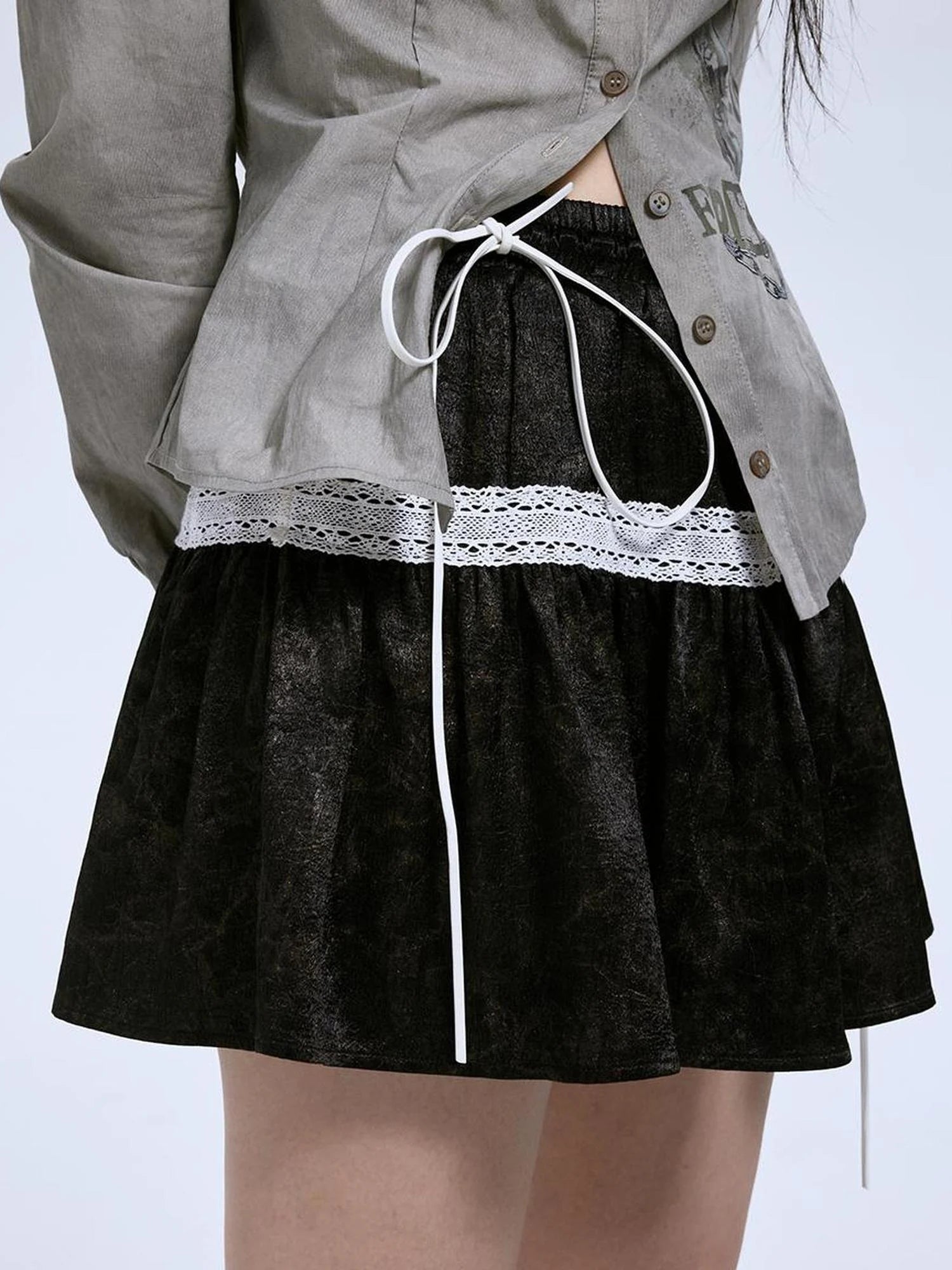 Vintage Linen Cotton Burnout A Line Skirt With Lace Trim Drawstring Waist