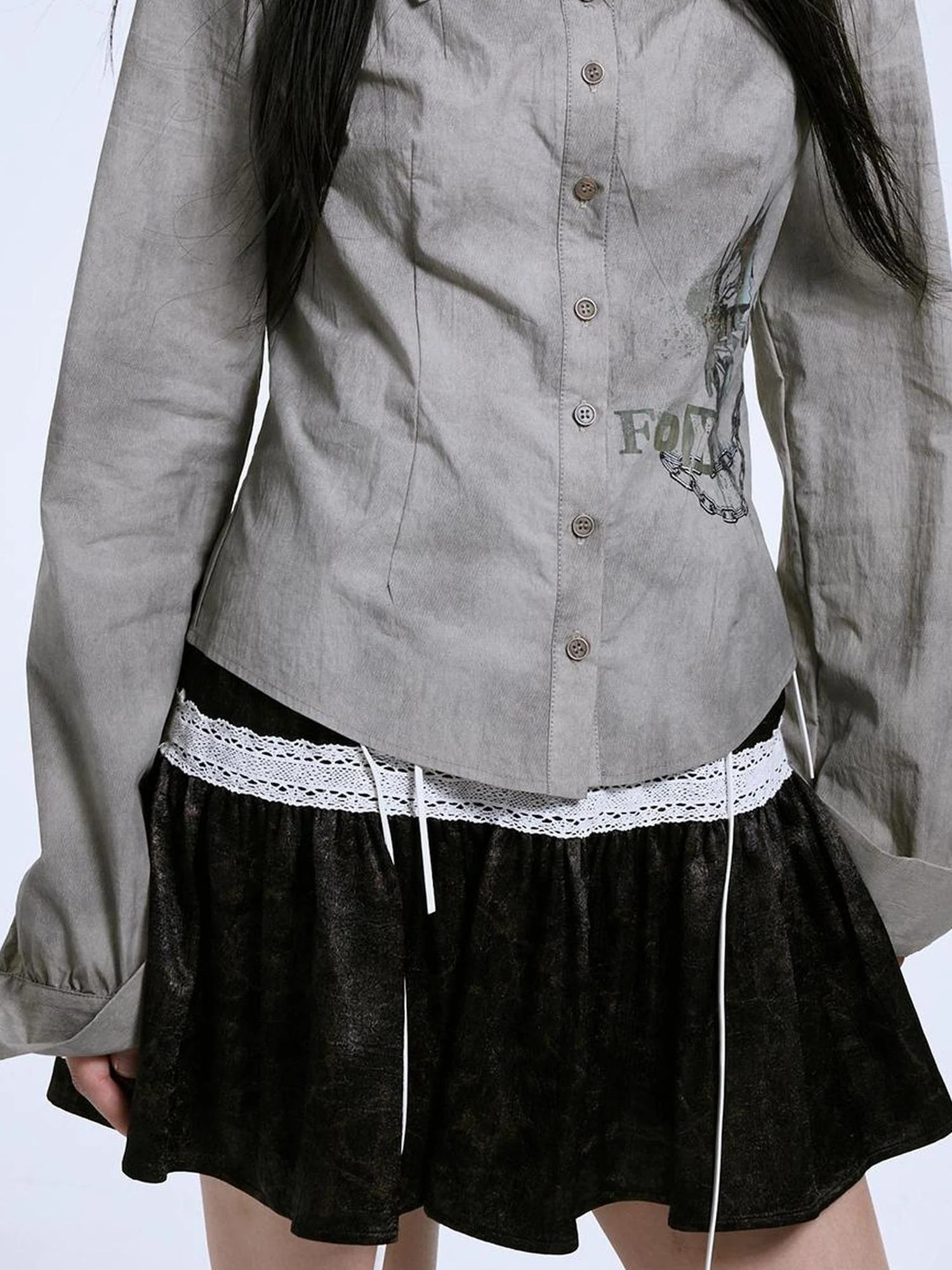 Vintage Linen Cotton Burnout A Line Skirt With Lace Trim Drawstring Waist