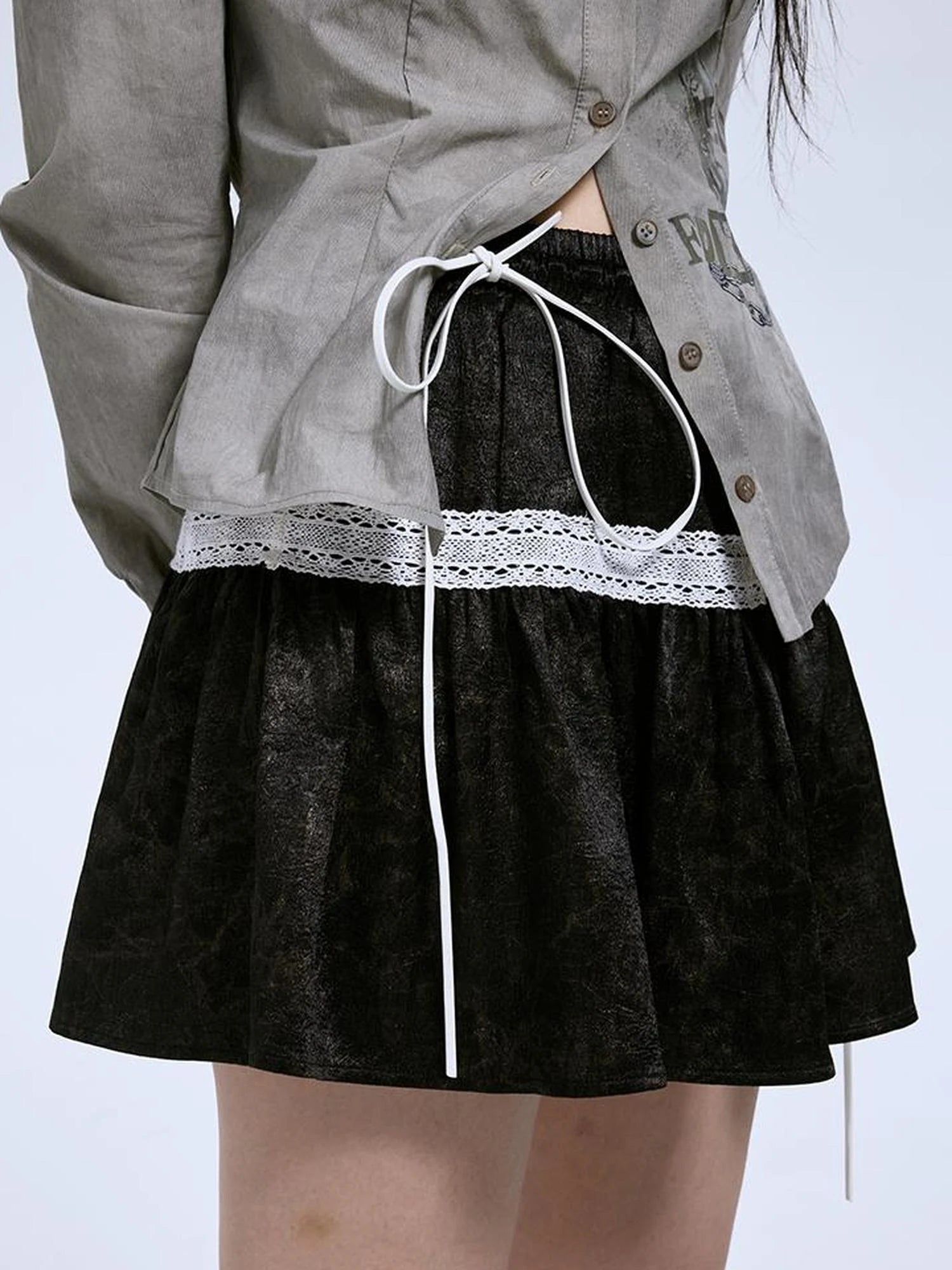 Vintage Linen Cotton Burnout A Line Skirt With Lace Trim Drawstring Waist