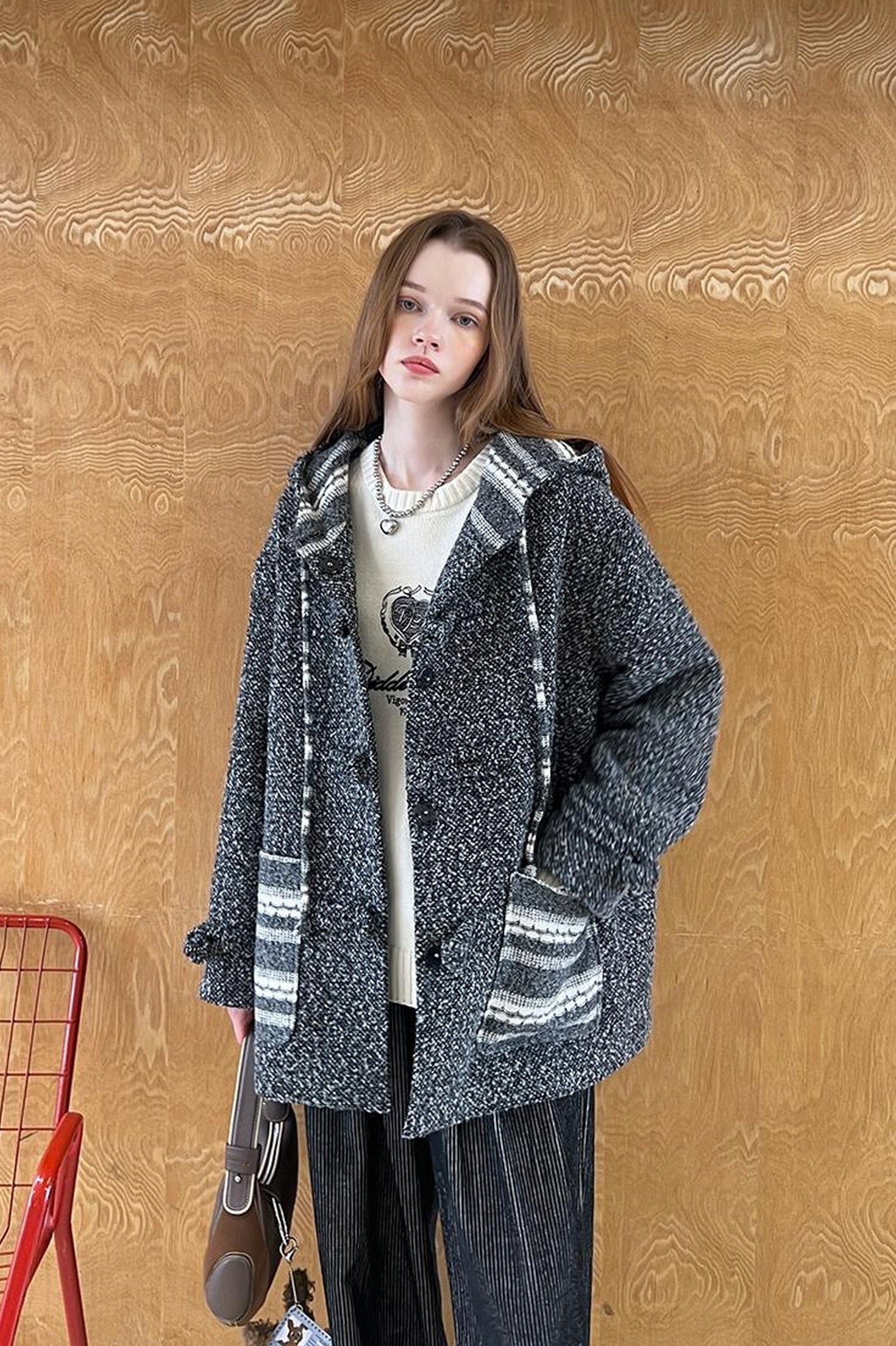 DIDDI MODA Vintage Loop Hooded Wool Coat