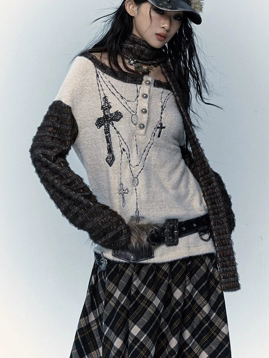 Vintage Loose Knit Embroidered Striped Turtleneck T-Shirt Sweaters