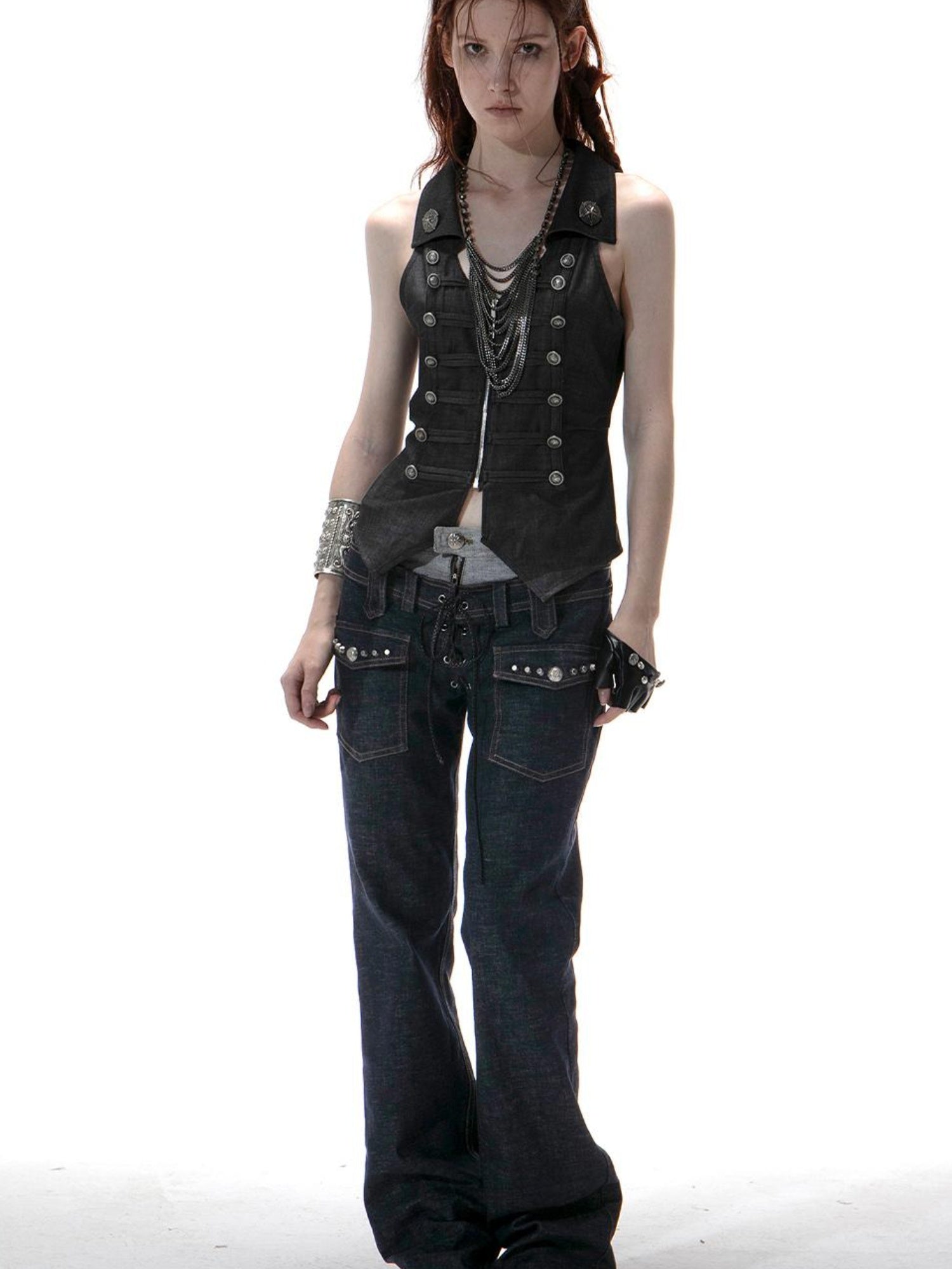 DoublePunch Vintage Metal Button Zip Vest For Women Slim Waist Vests