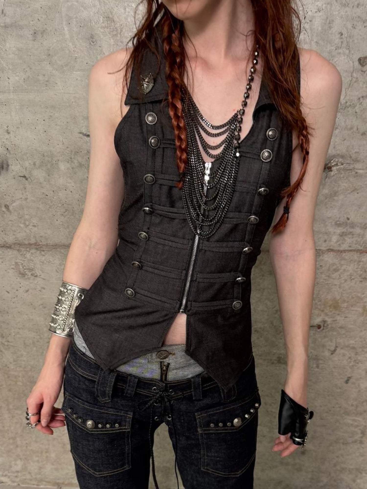 DoublePunch Vintage Metal Button Zip Vest For Women Slim Waist Vests