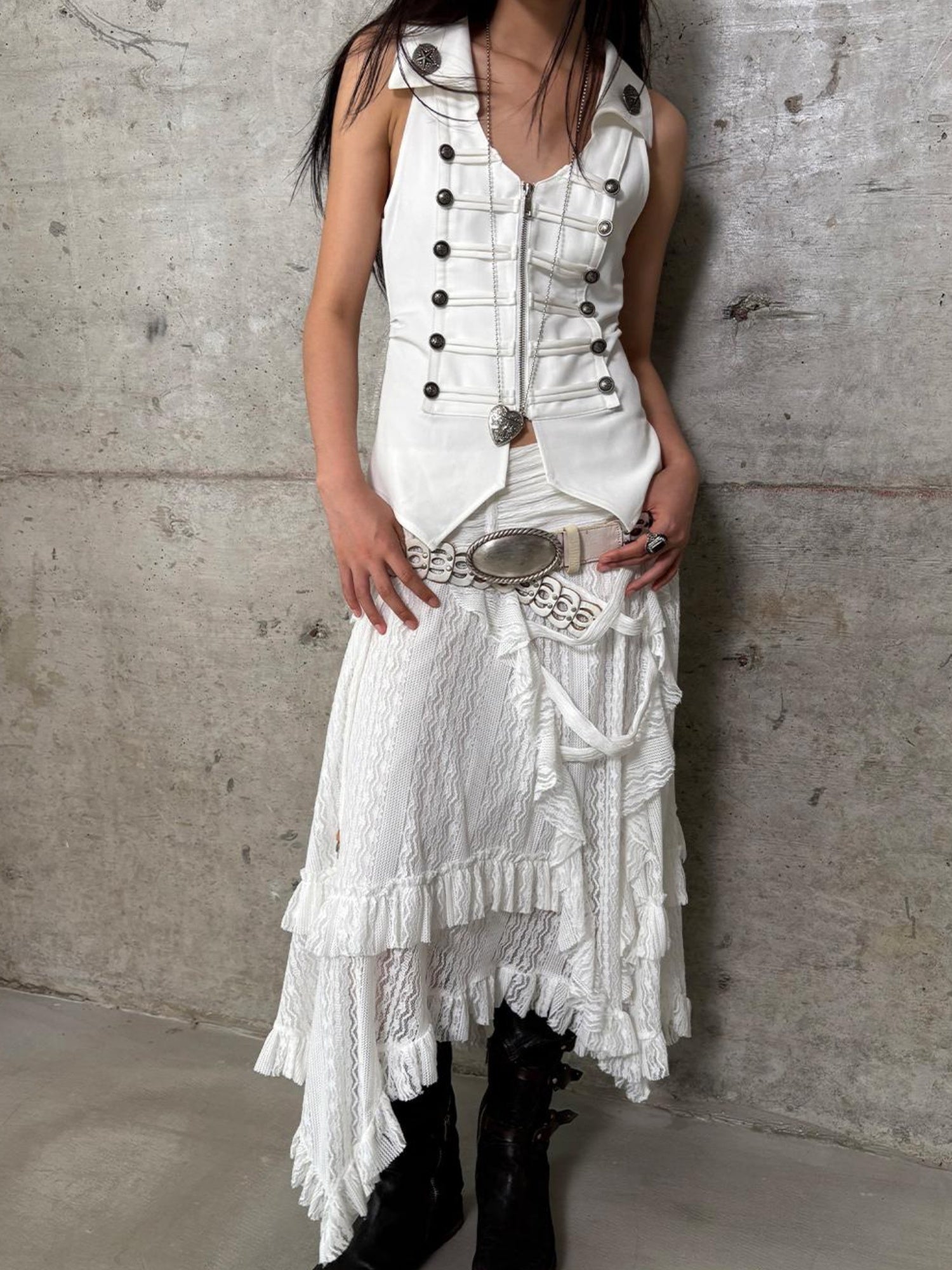 DoublePunch Vintage Metal Button Zip Vest For Women Slim Waist Vests