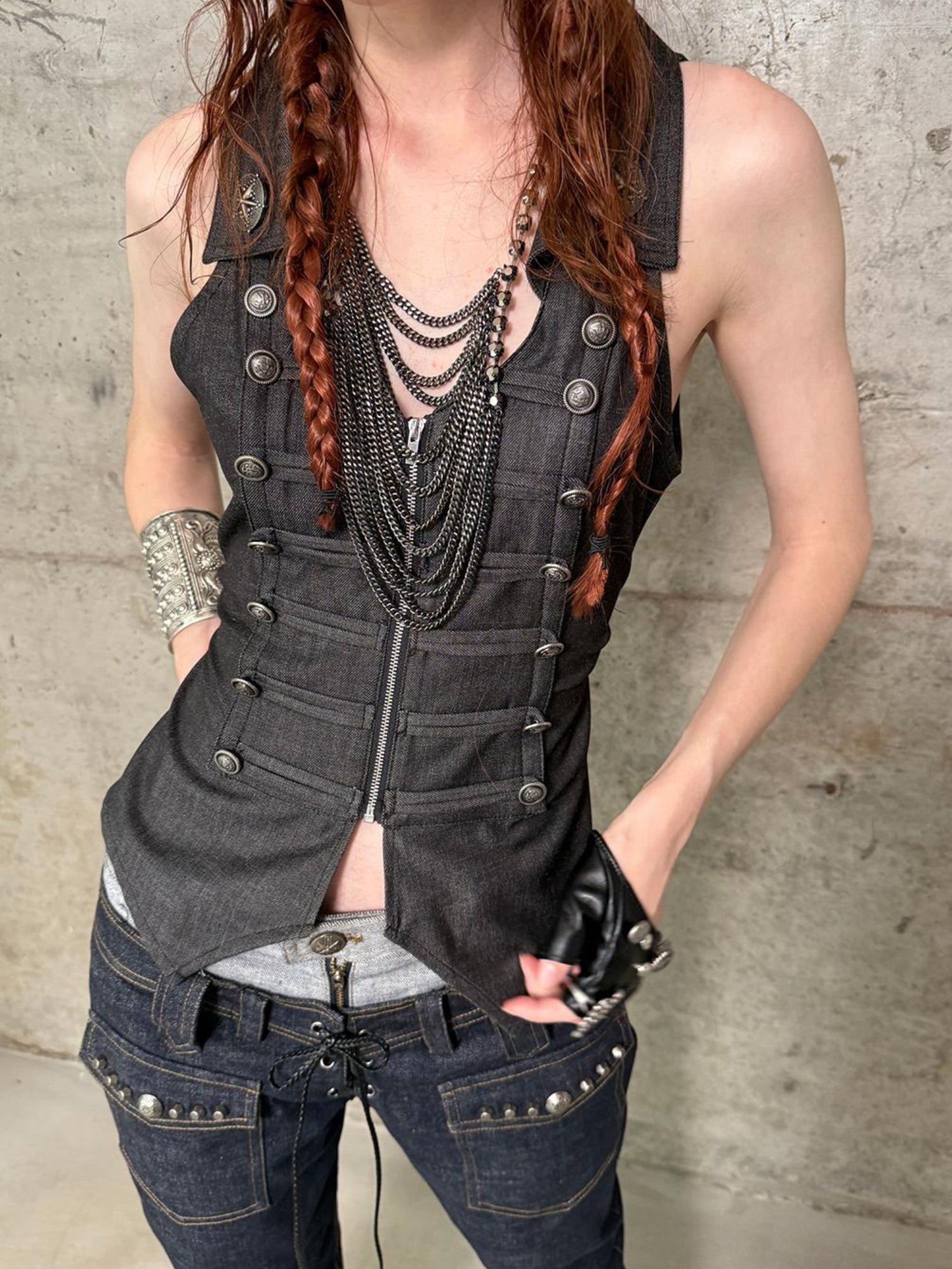 DoublePunch Vintage Metal Button Zip Vest For Women Slim Waist Vests