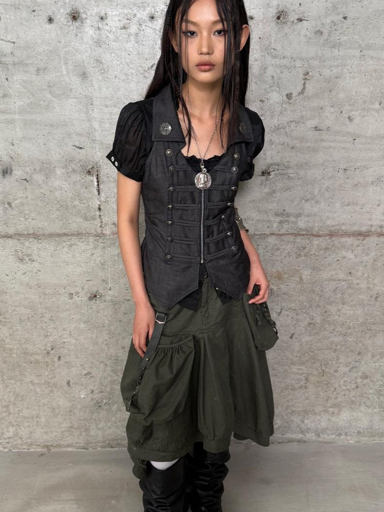 DoublePunch Vintage Metal Button Zip Vest For Women Slim Waist Vests