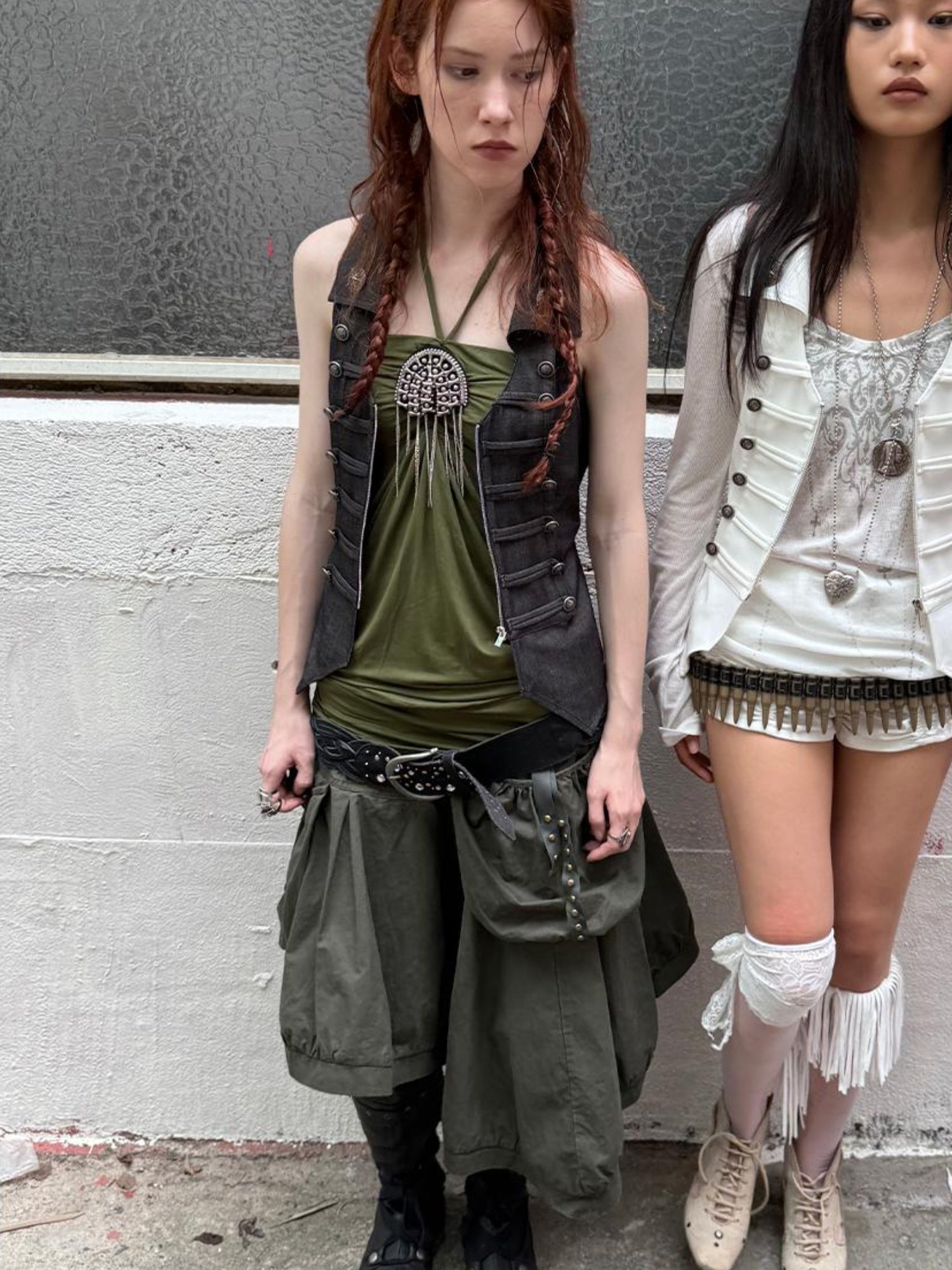 DoublePunch Vintage Metal Button Zip Vest For Women Slim Waist Vests
