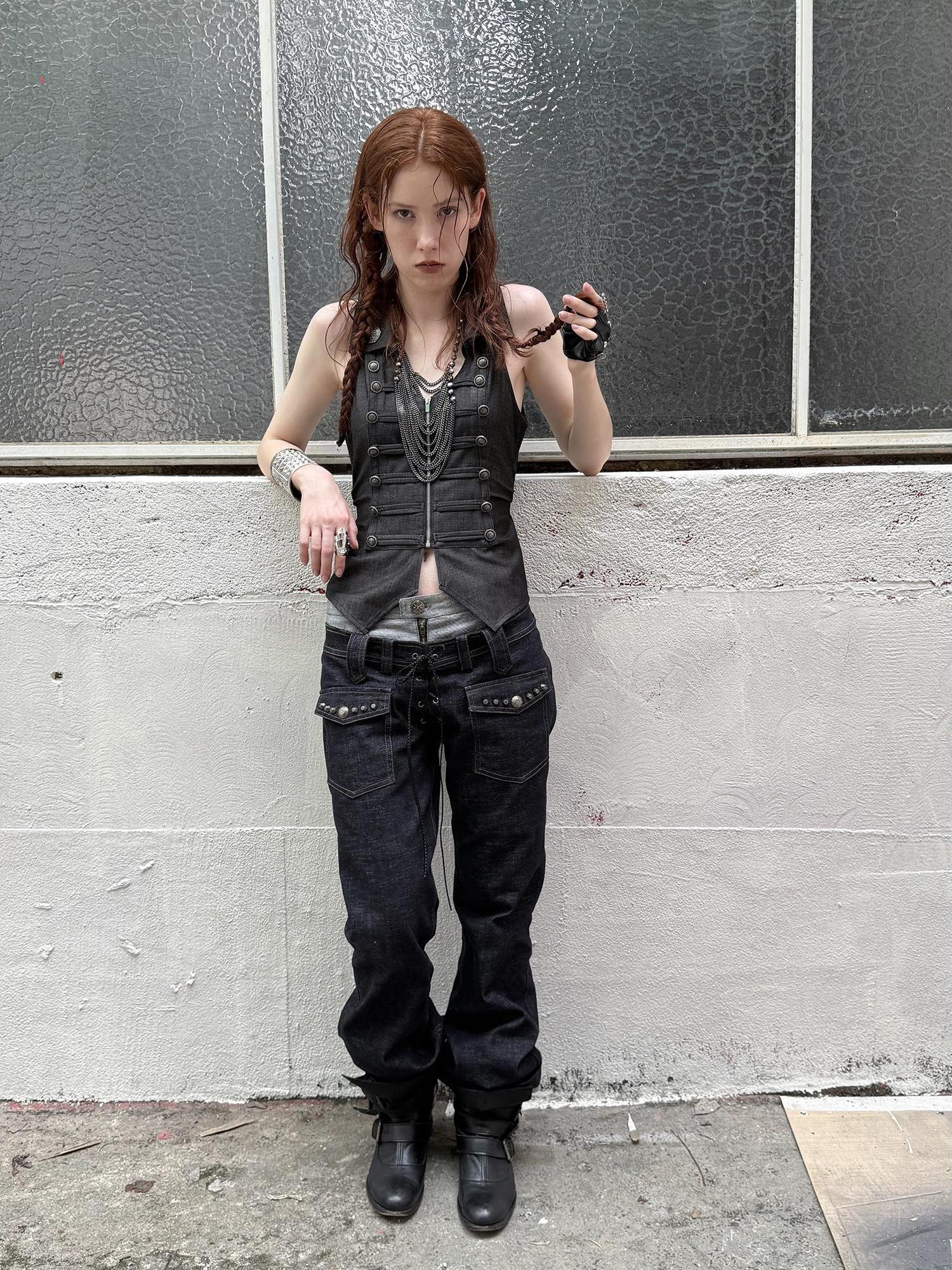 DoublePunch Vintage Metal Button Zip Vest For Women Slim Waist Vests