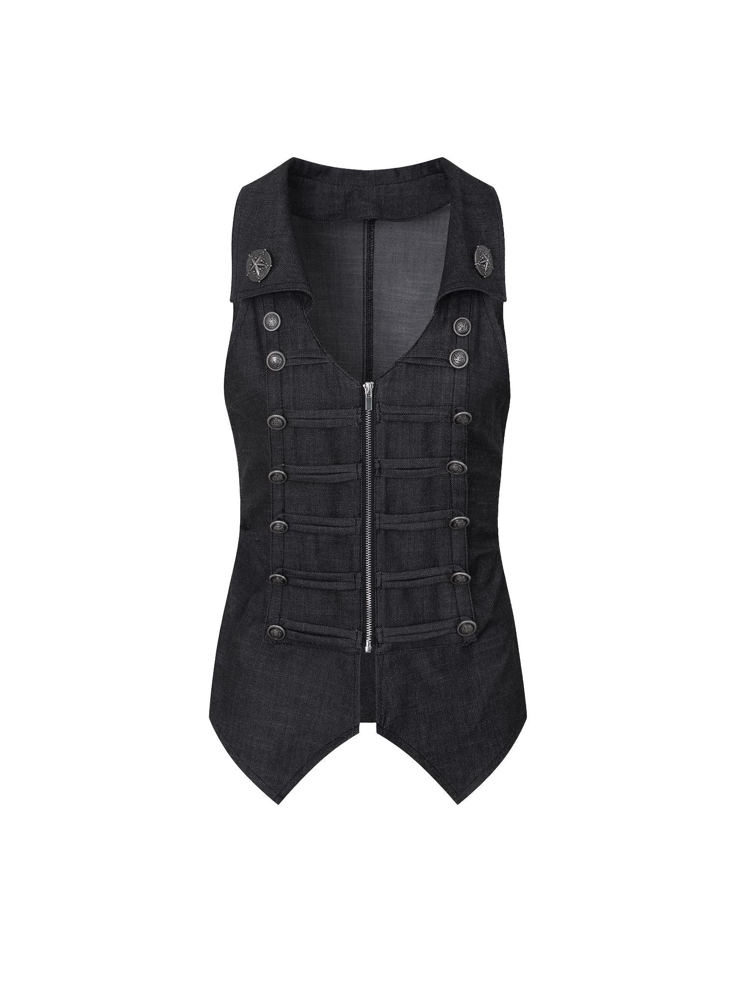 DoublePunch Vintage Metal Button Zip Vest For Women Slim Waist Vests