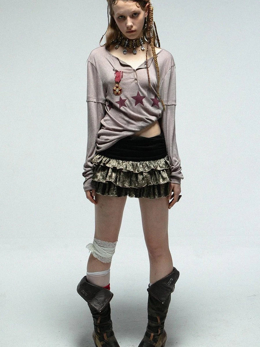 Vintage Metallic Satin Layered Ruffle Mini Cake Dress