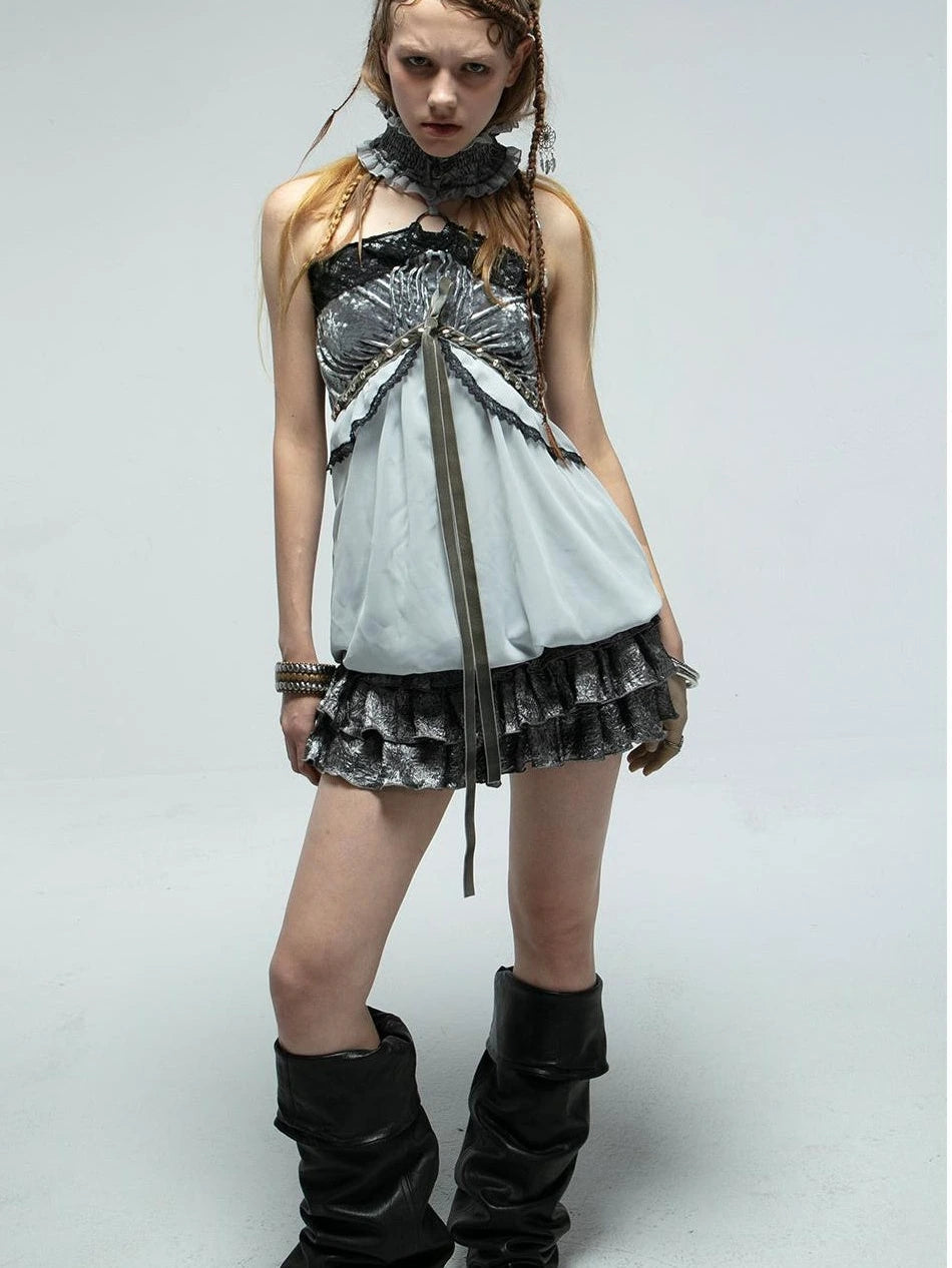 Vintage Metallic Satin Layered Ruffle Mini Cake Dress