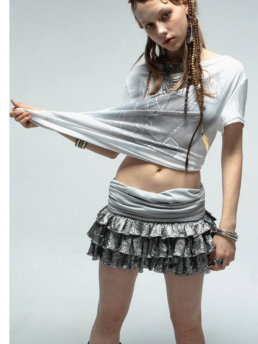 Vintage Metallic Satin Layered Ruffle Mini Cake Dress