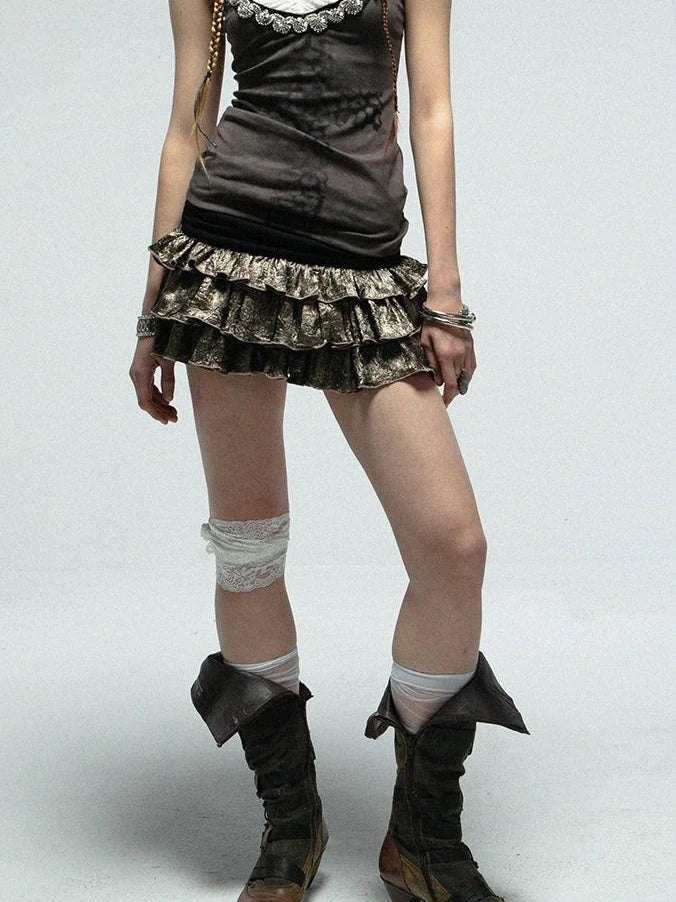 Vintage Metallic Satin Layered Ruffle Mini Cake Dress