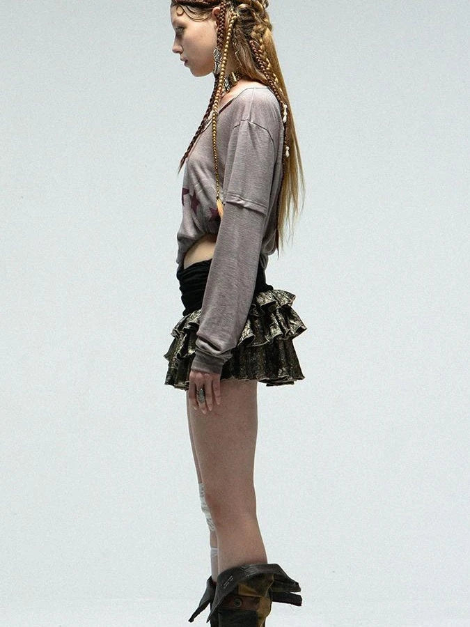 Vintage Metallic Satin Layered Ruffle Mini Cake Dress