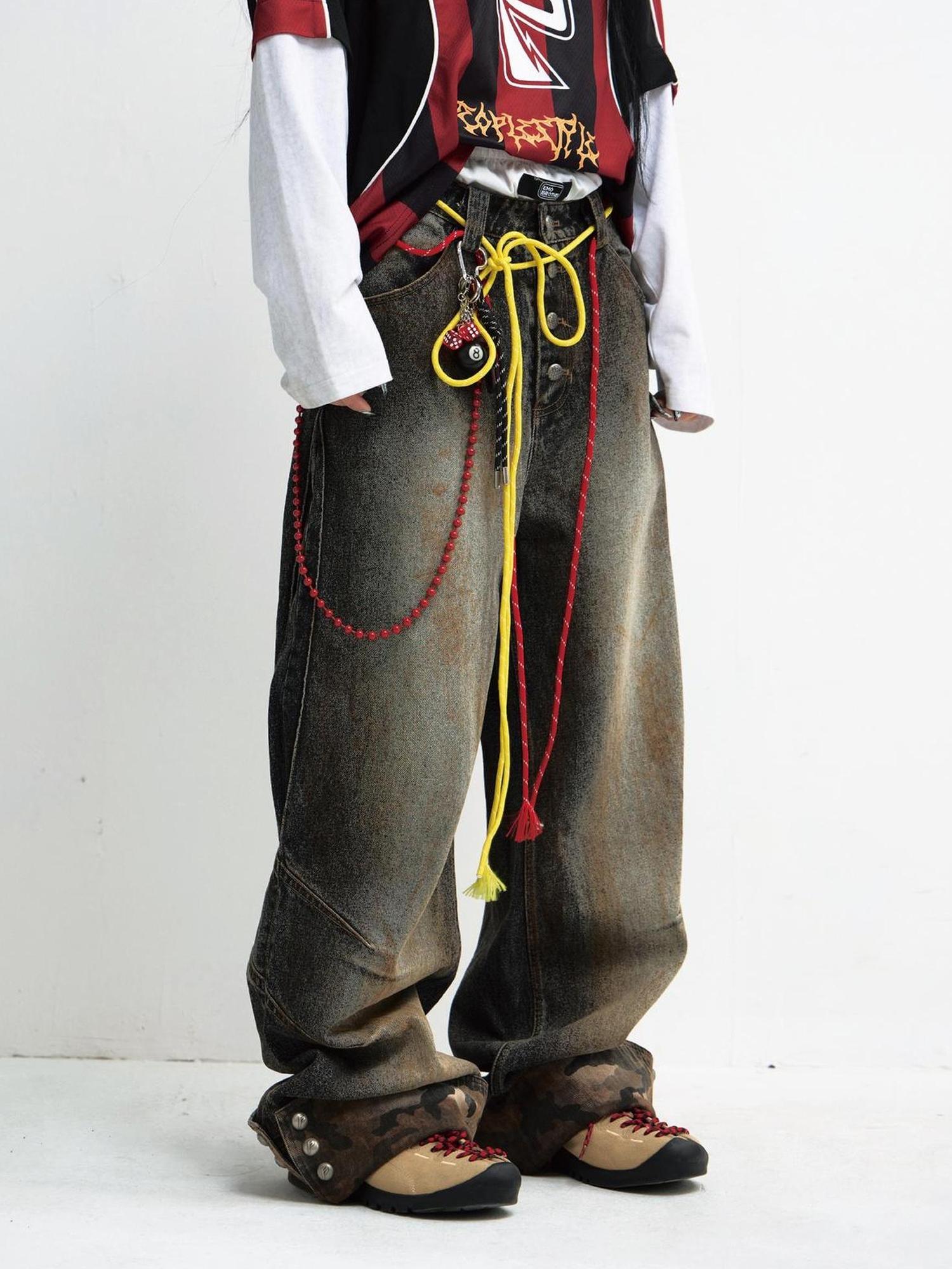 Peoplesense Vintage Mud Dyed Camo Denim Pants With Relaxed Fit And Embroidery