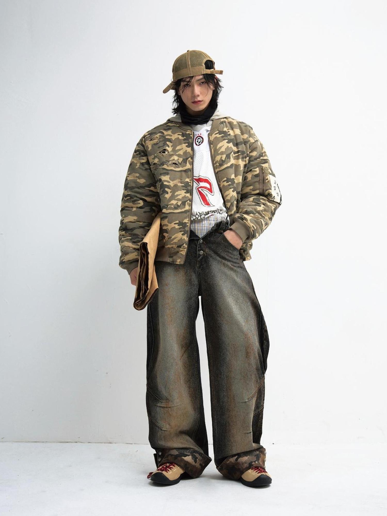 Peoplesense Vintage Mud Dyed Camo Denim Pants With Relaxed Fit And Embroidery
