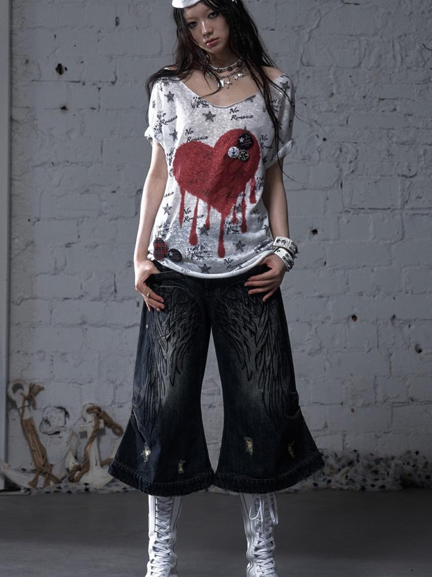 NO ROMANCE Vintage Navy Distressed Print Oversized Crewneck T-Shirt