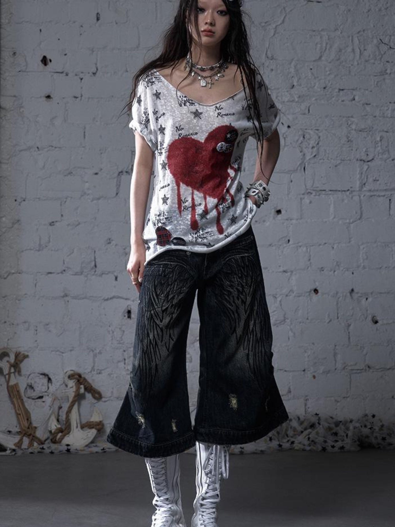 NO ROMANCE Vintage Navy Distressed Print Oversized Crewneck T-Shirt