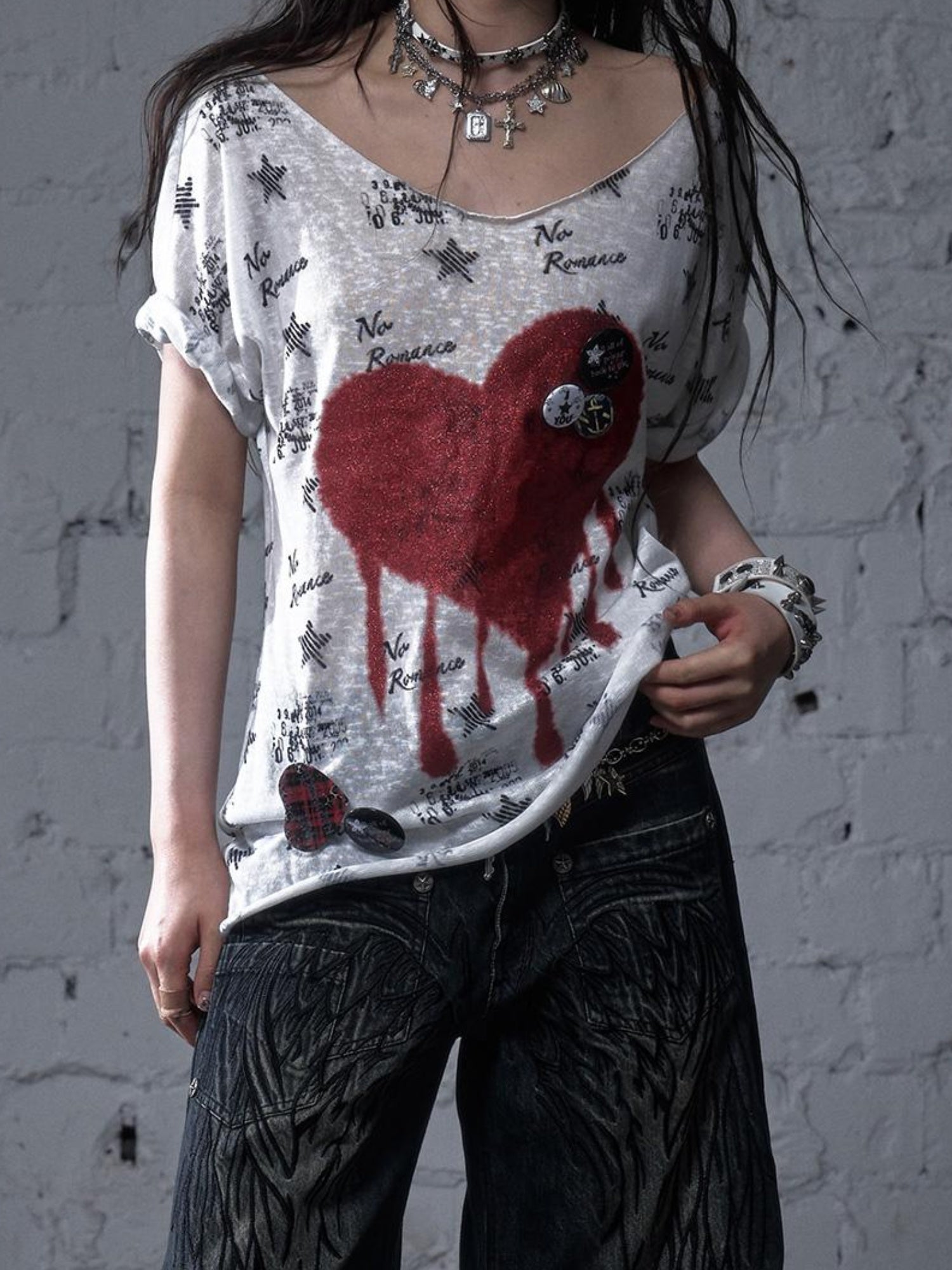 NO ROMANCE Vintage Navy Distressed Print Oversized Crewneck T-Shirt