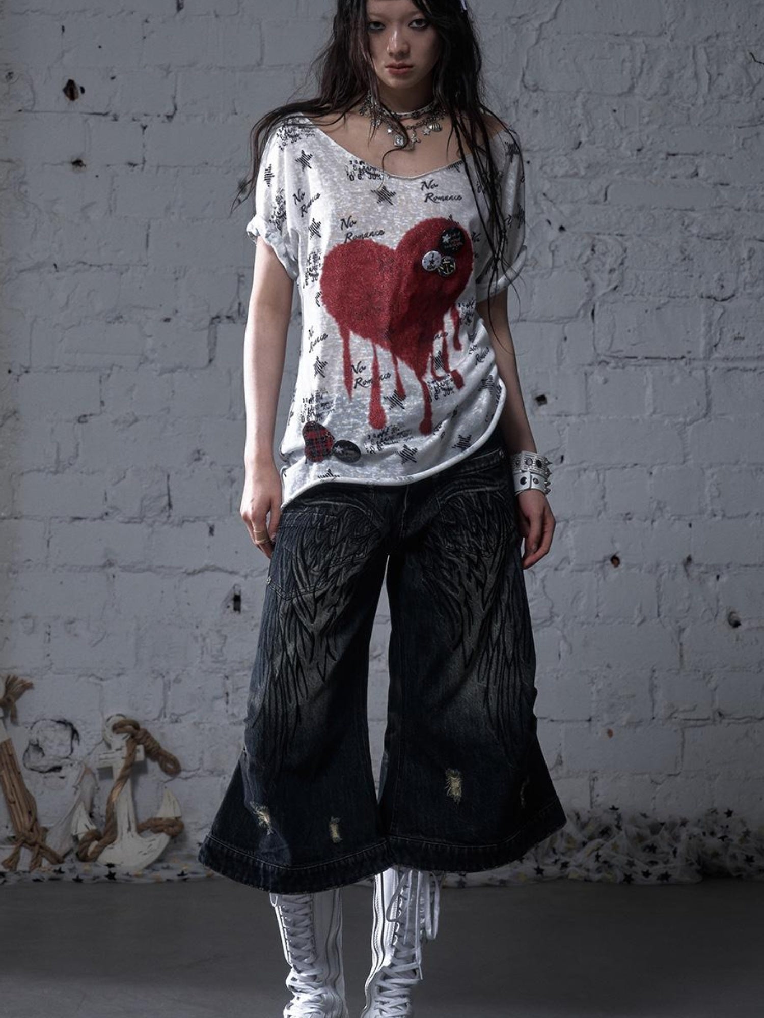 NO ROMANCE Vintage Navy Distressed Print Oversized Crewneck T-Shirt