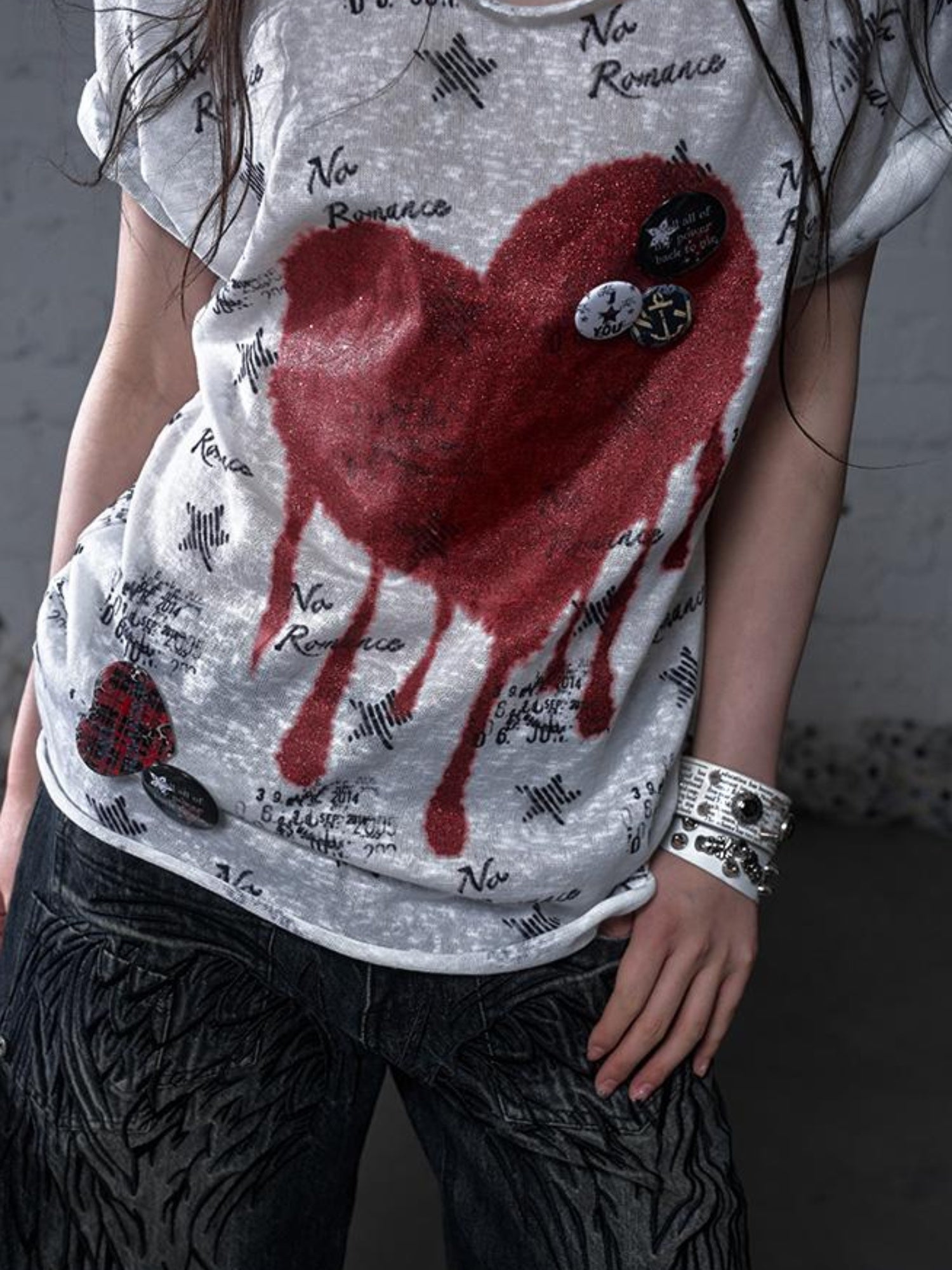 NO ROMANCE Vintage Navy Distressed Print Oversized Crewneck T-Shirt
