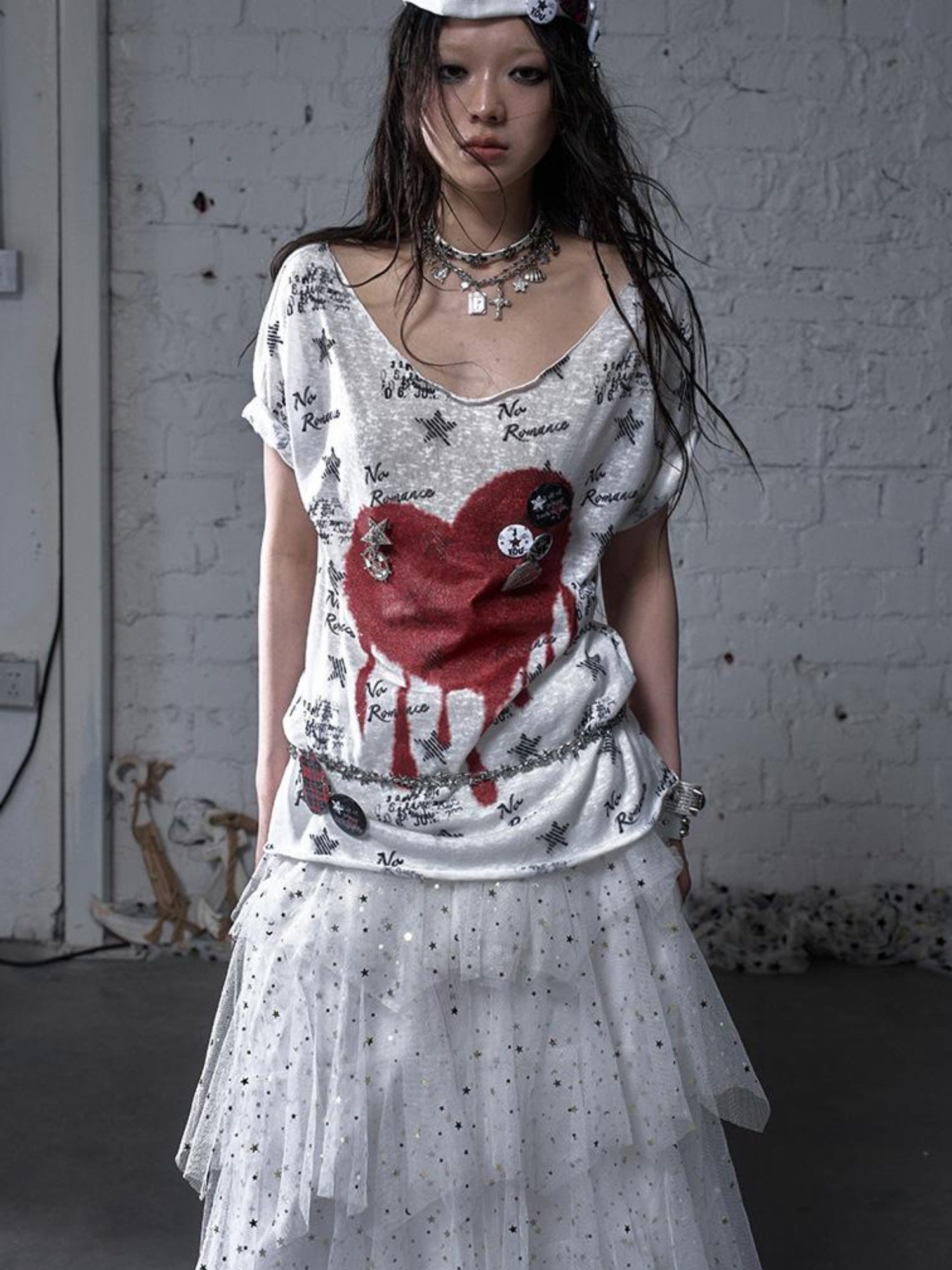 NO ROMANCE Vintage Navy Distressed Print Oversized Crewneck T-Shirt
