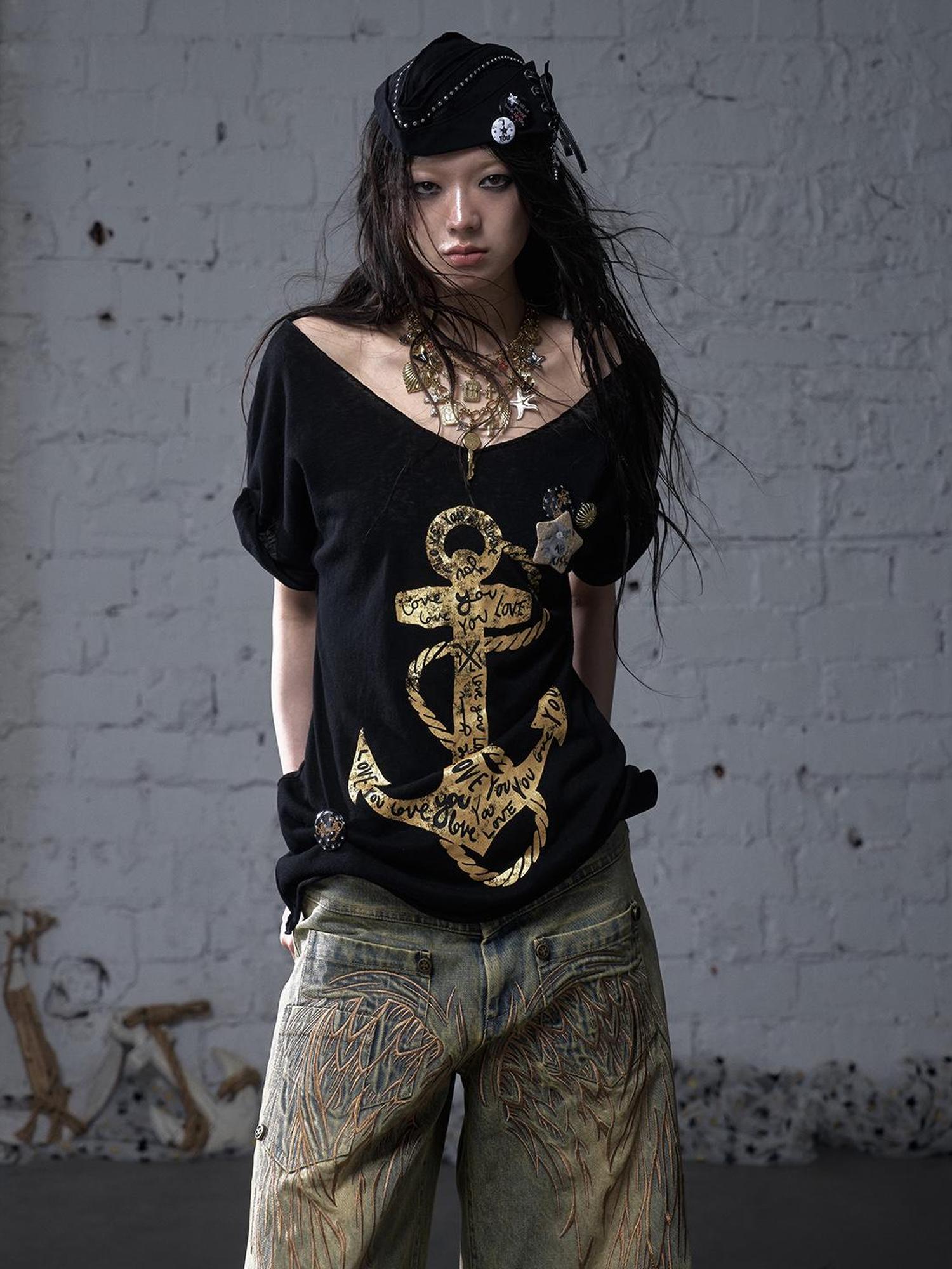NO ROMANCE Vintage Navy Distressed Print Oversized Crewneck T-Shirt