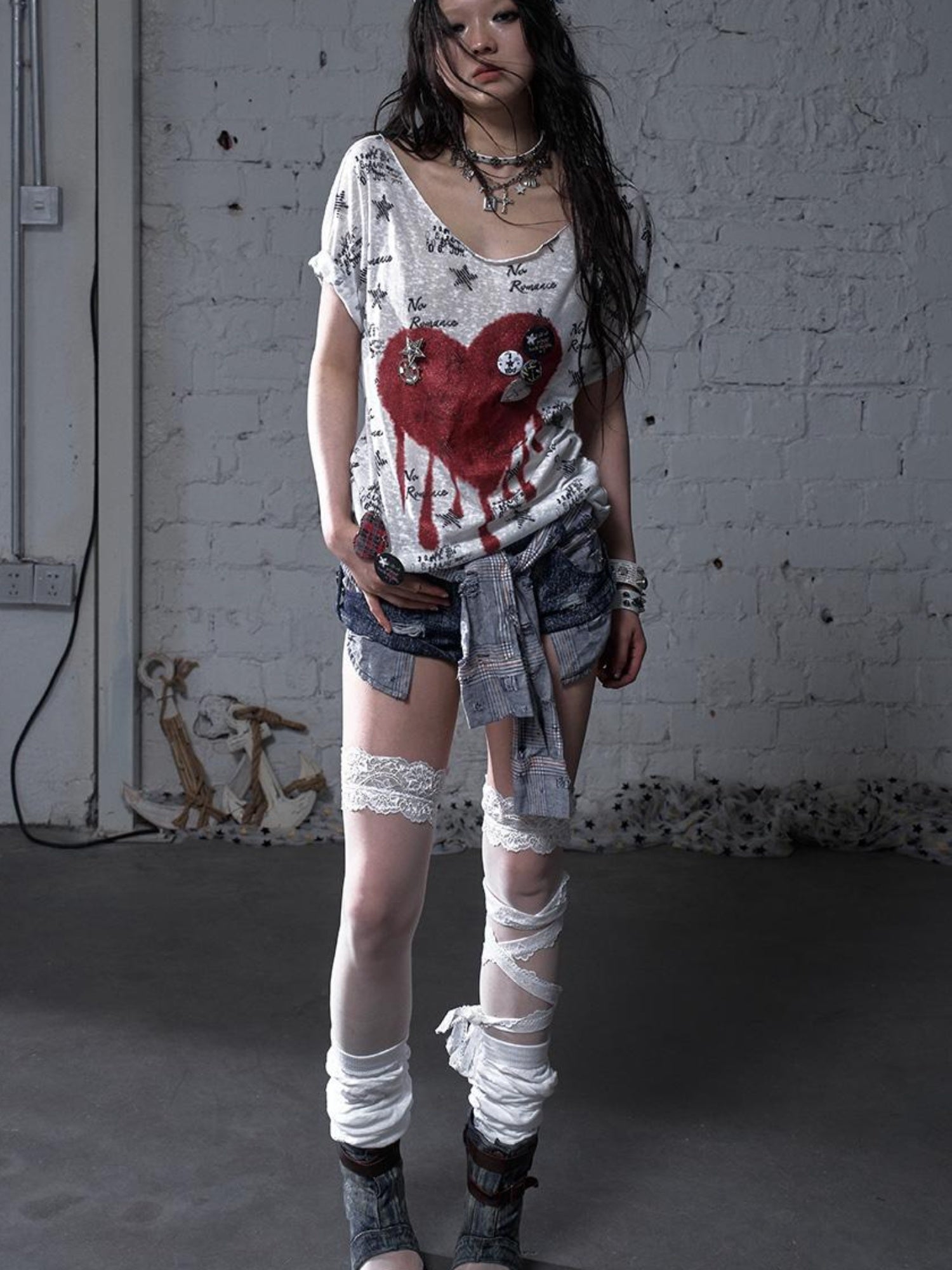 NO ROMANCE Vintage Navy Distressed Print Oversized Crewneck T-Shirt