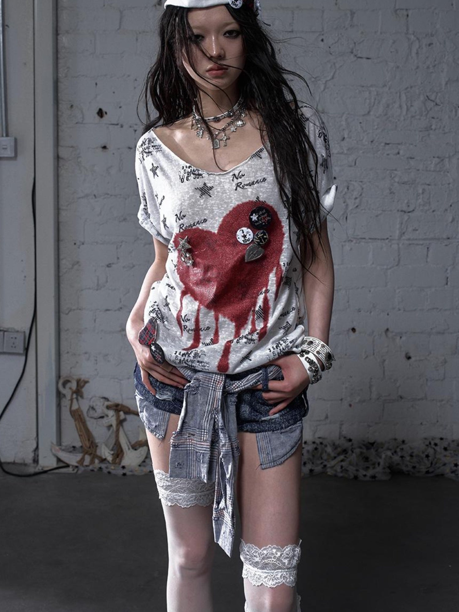 NO ROMANCE Vintage Navy Distressed Print Oversized Crewneck T-Shirt