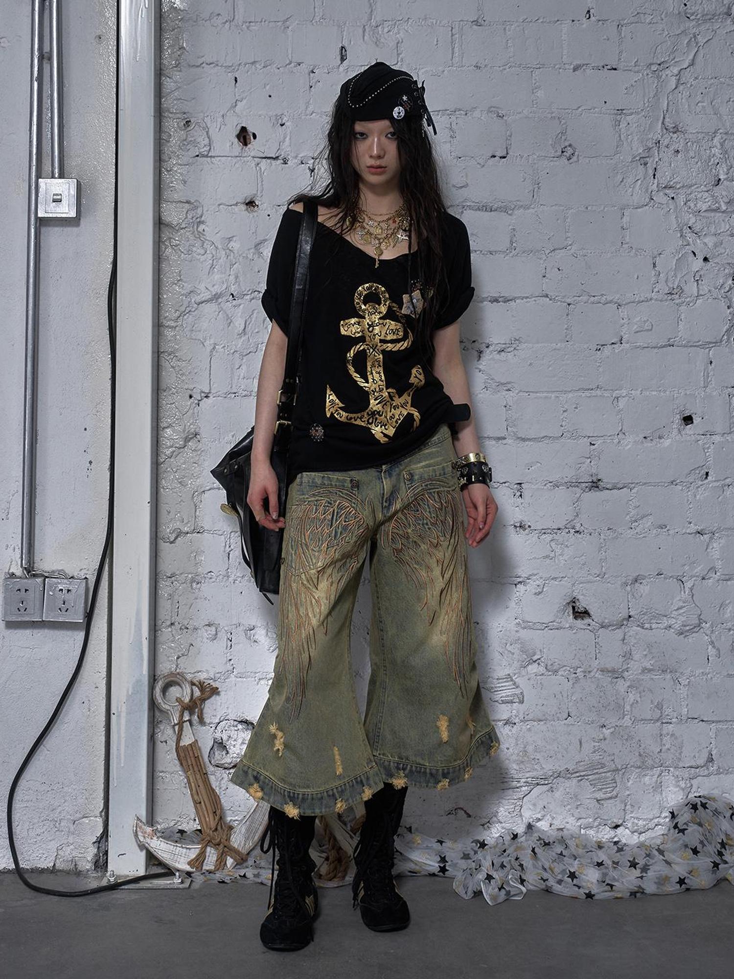 NO ROMANCE Vintage Navy Distressed Print Oversized Crewneck T-Shirt
