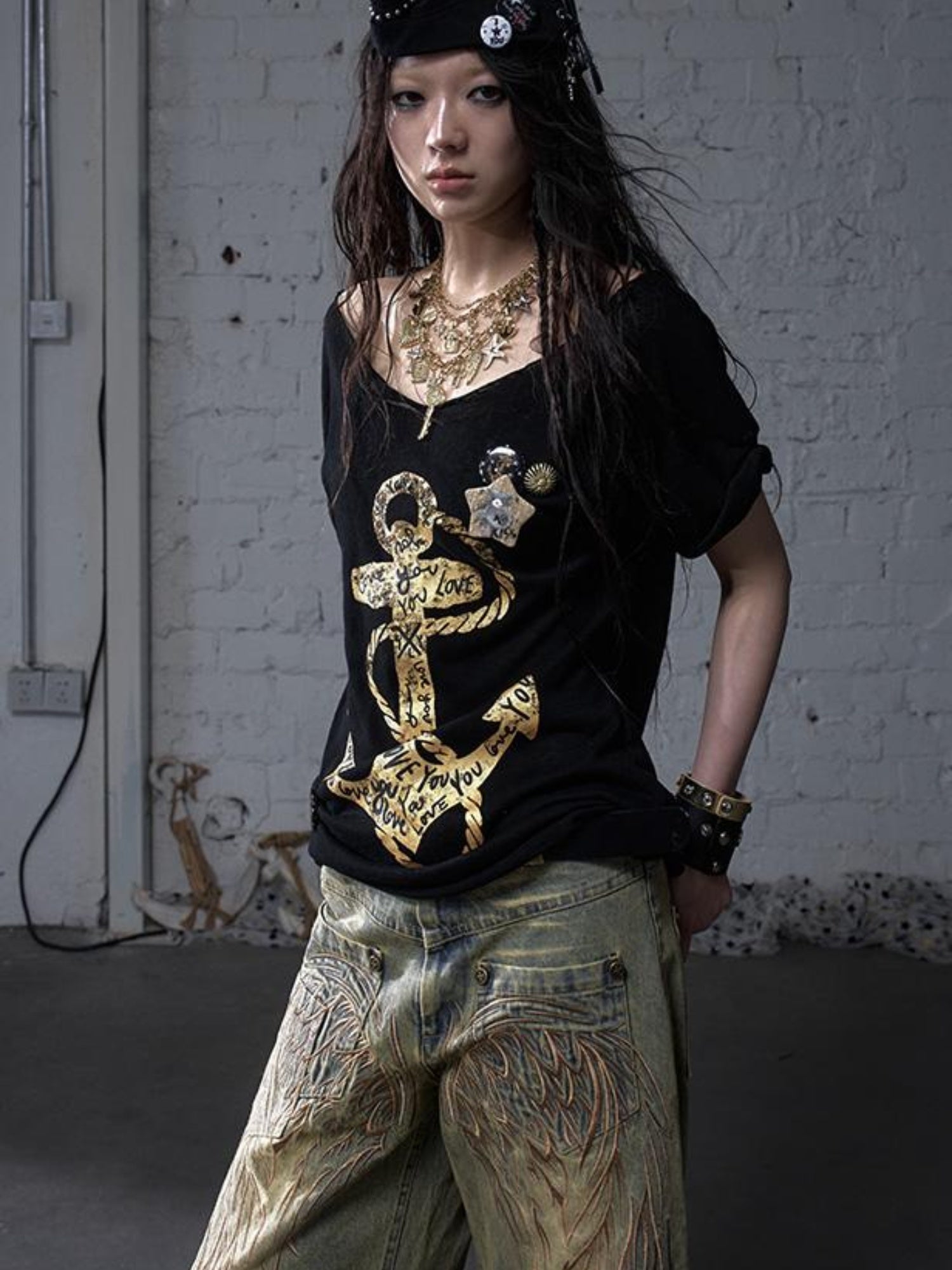 NO ROMANCE Vintage Navy Distressed Print Oversized Crewneck T-Shirt