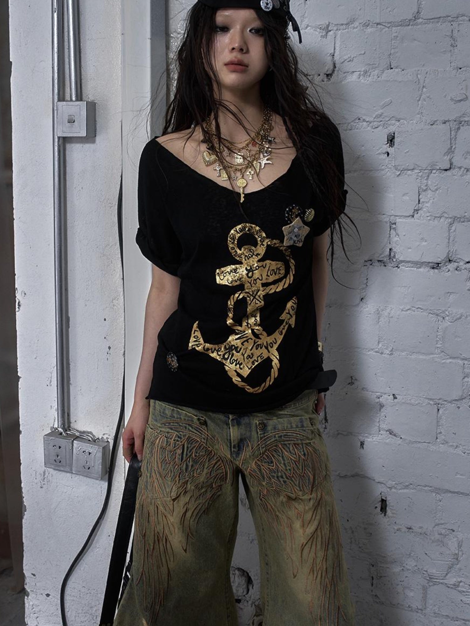 NO ROMANCE Vintage Navy Distressed Print Oversized Crewneck T-Shirt