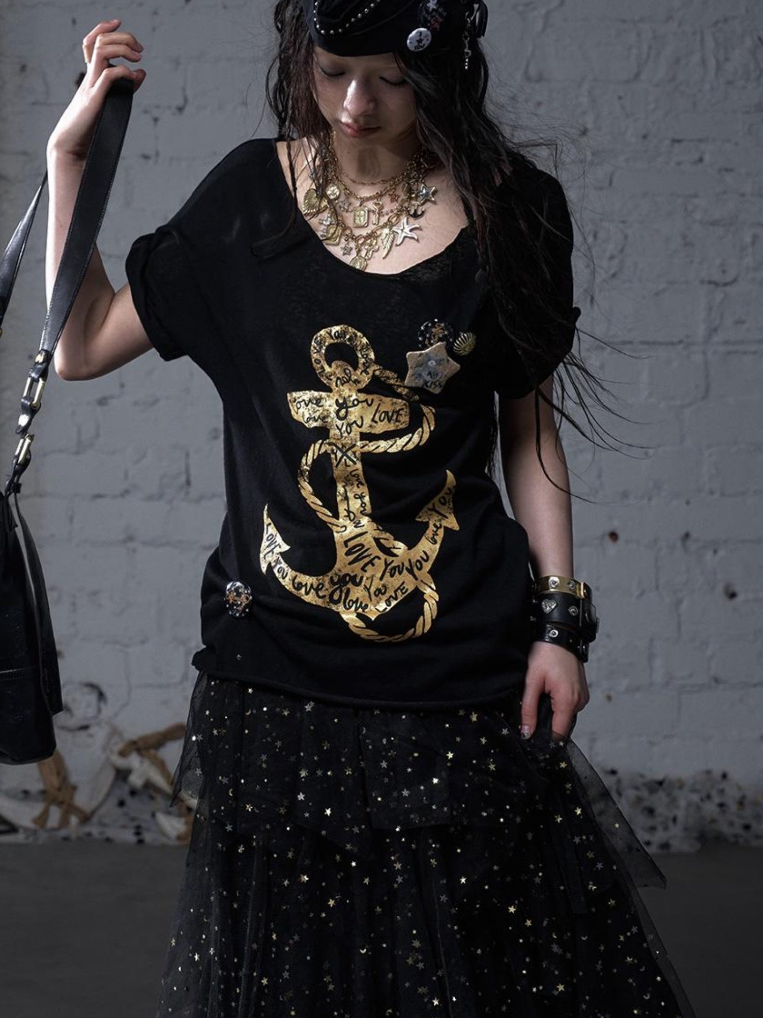 NO ROMANCE Vintage Navy Distressed Print Oversized Crewneck T-Shirt