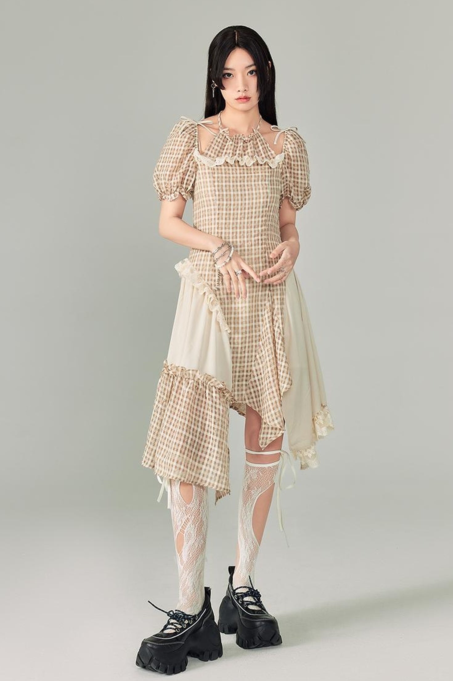 DIDDI MODA Vintage Plaid Halter Dress With Asymmetric Hem Lace Trim