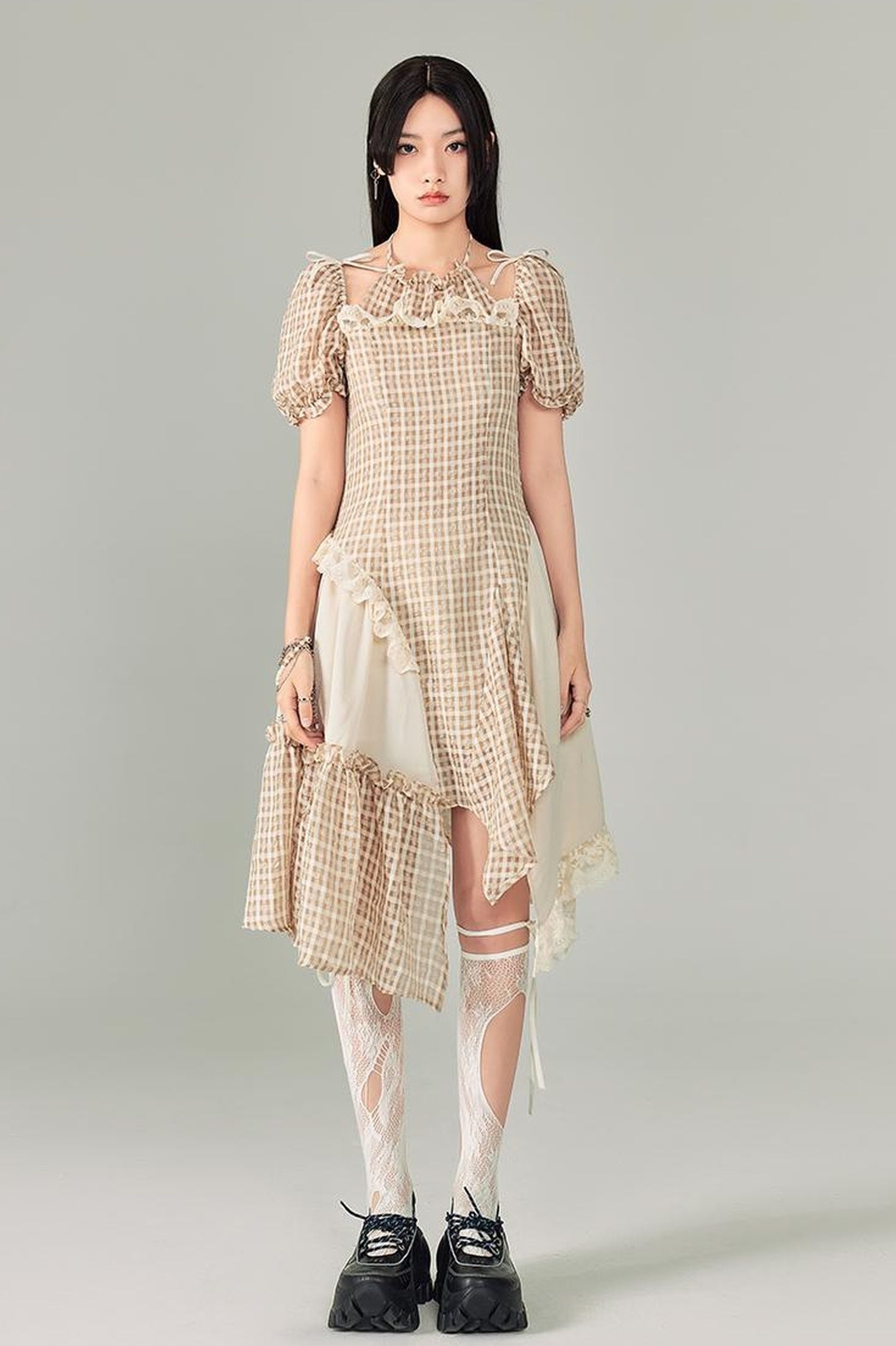 DIDDI MODA Vintage Plaid Halter Dress With Asymmetric Hem Lace Trim