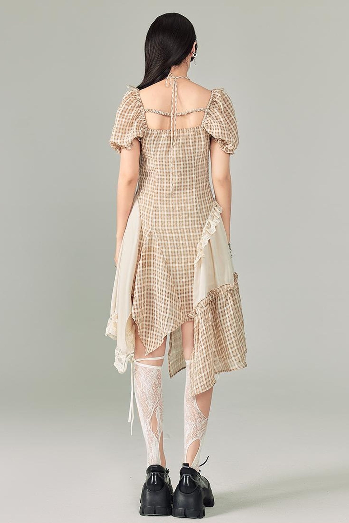 DIDDI MODA Vintage Plaid Halter Dress With Asymmetric Hem Lace Trim