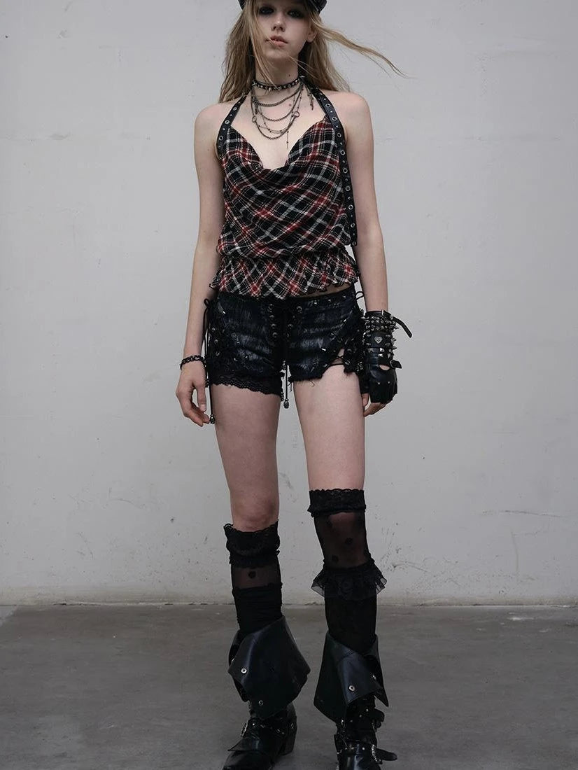 Vintage Plaid Mesh Halter Top Slim Fit Blouse