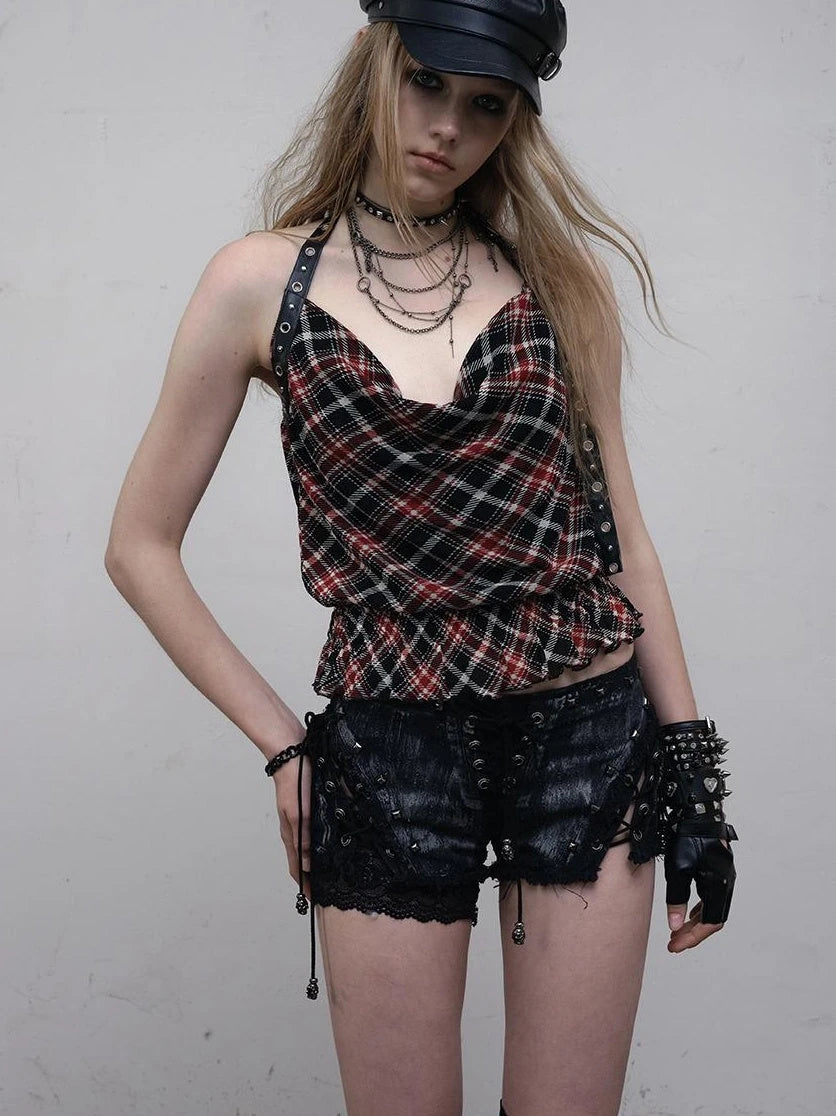 Vintage Plaid Mesh Halter Top Slim Fit Blouse