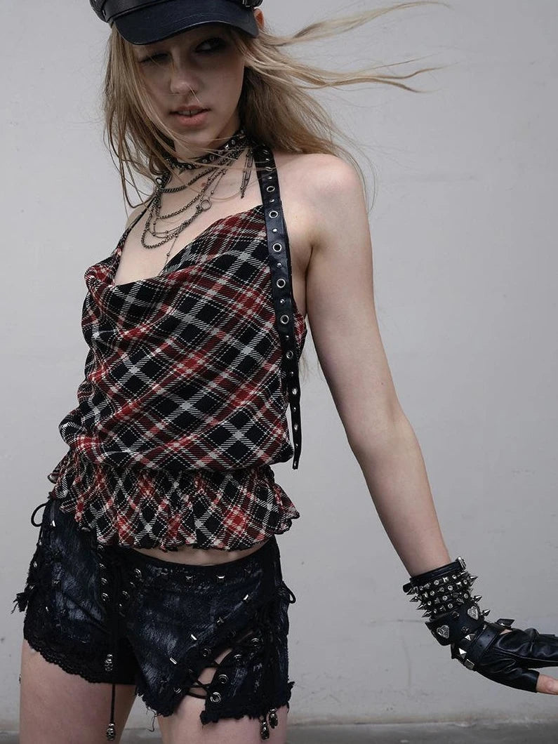 Vintage Plaid Mesh Halter Top Slim Fit Blouse