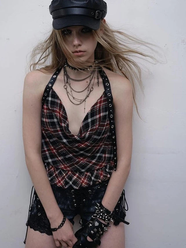 Vintage Plaid Mesh Halter Top Slim Fit Blouse