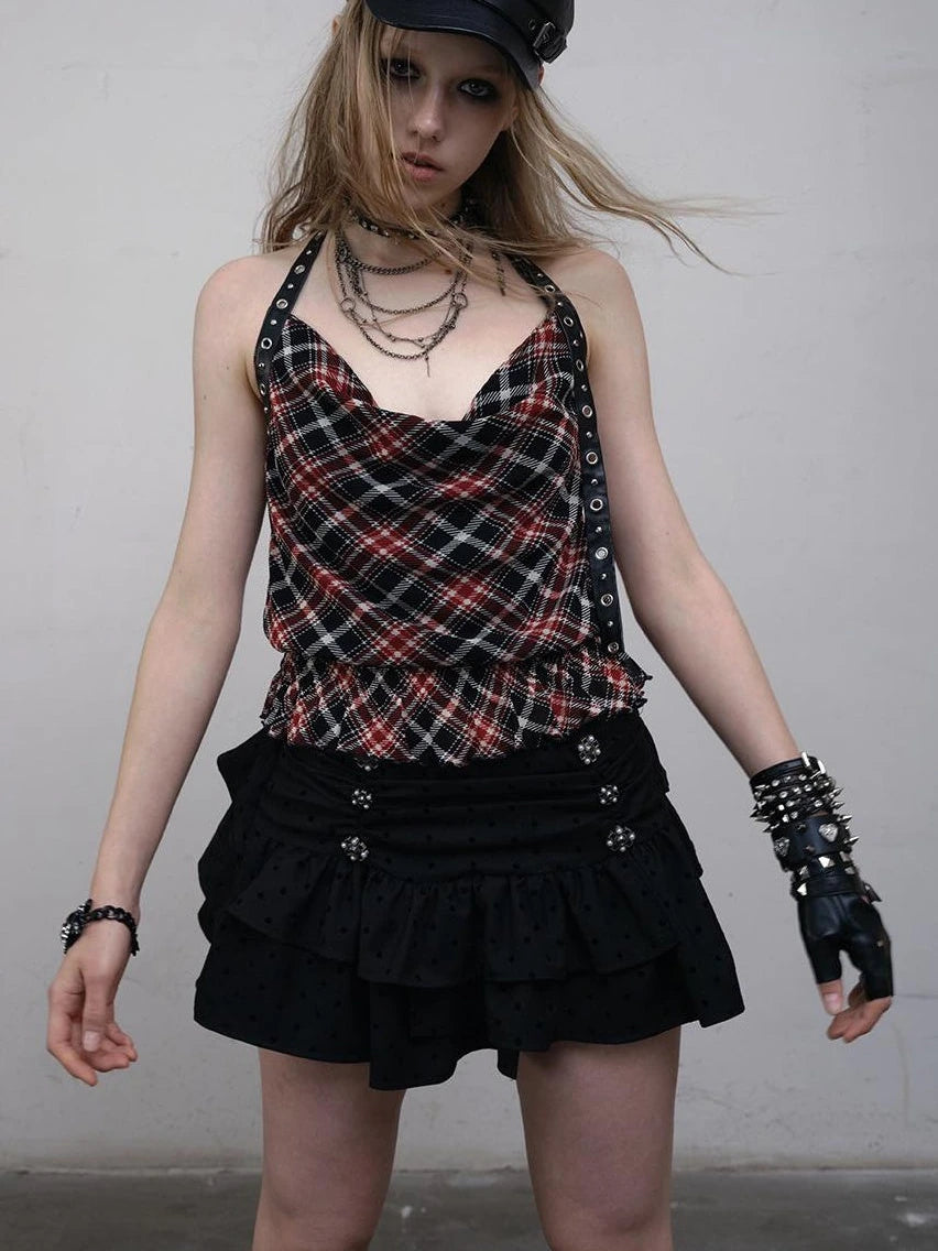 Vintage Plaid Mesh Halter Top Slim Fit Blouse