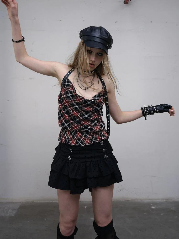 Vintage Plaid Mesh Halter Top Slim Fit Blouse