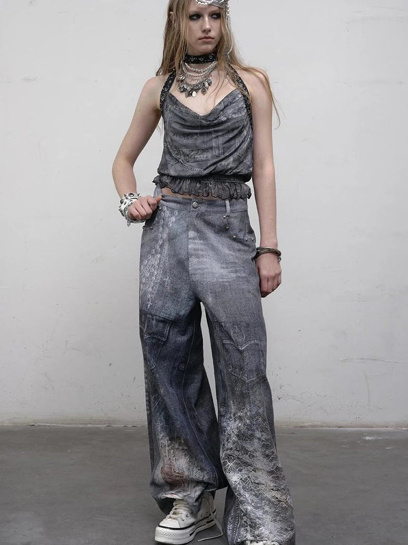 Vintage Plaid Mesh Halter Top Slim Fit Blouse