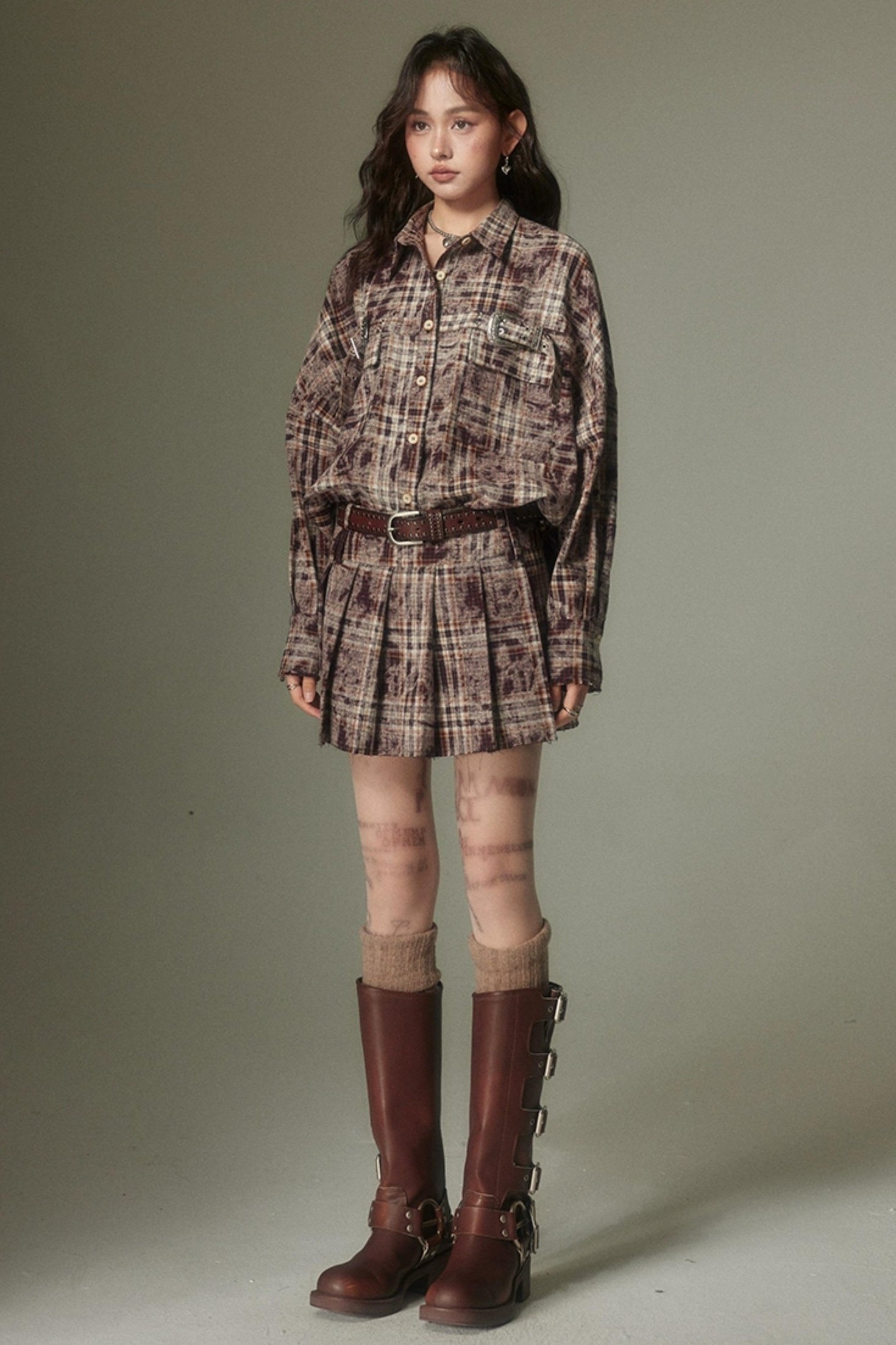 DIDDI MODA Vintage Plaid Shirt Pleated Skirt Set Retro Punk Style