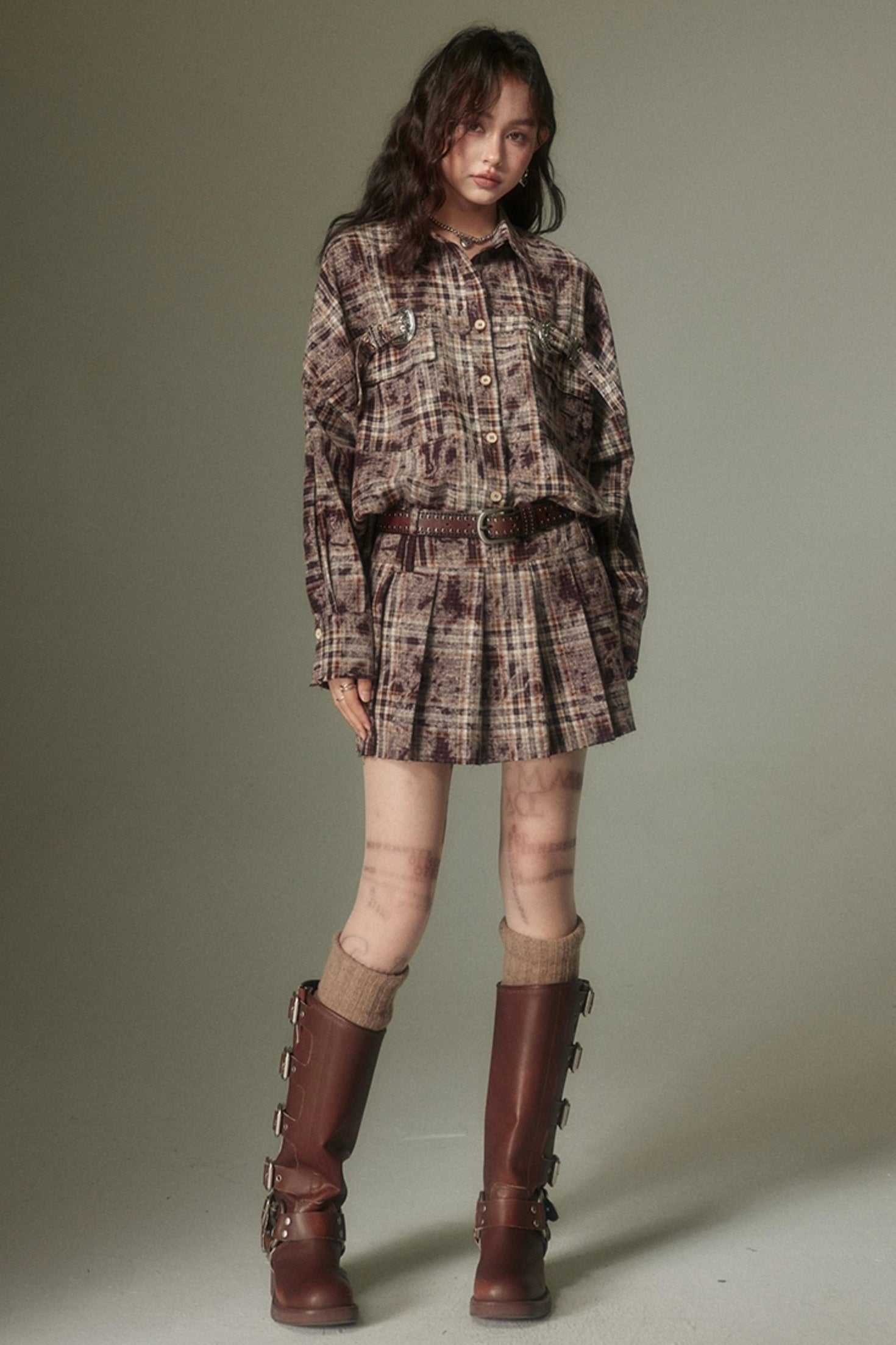 DIDDI MODA Vintage Plaid Shirt Pleated Skirt Set Retro Punk Style