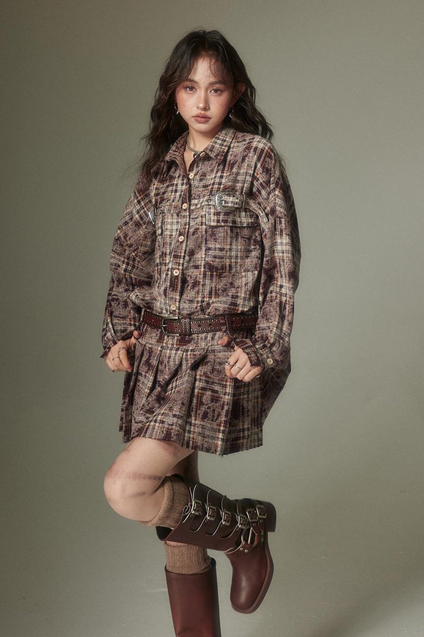 DIDDI MODA Vintage Plaid Shirt Pleated Skirt Set Retro Punk Style