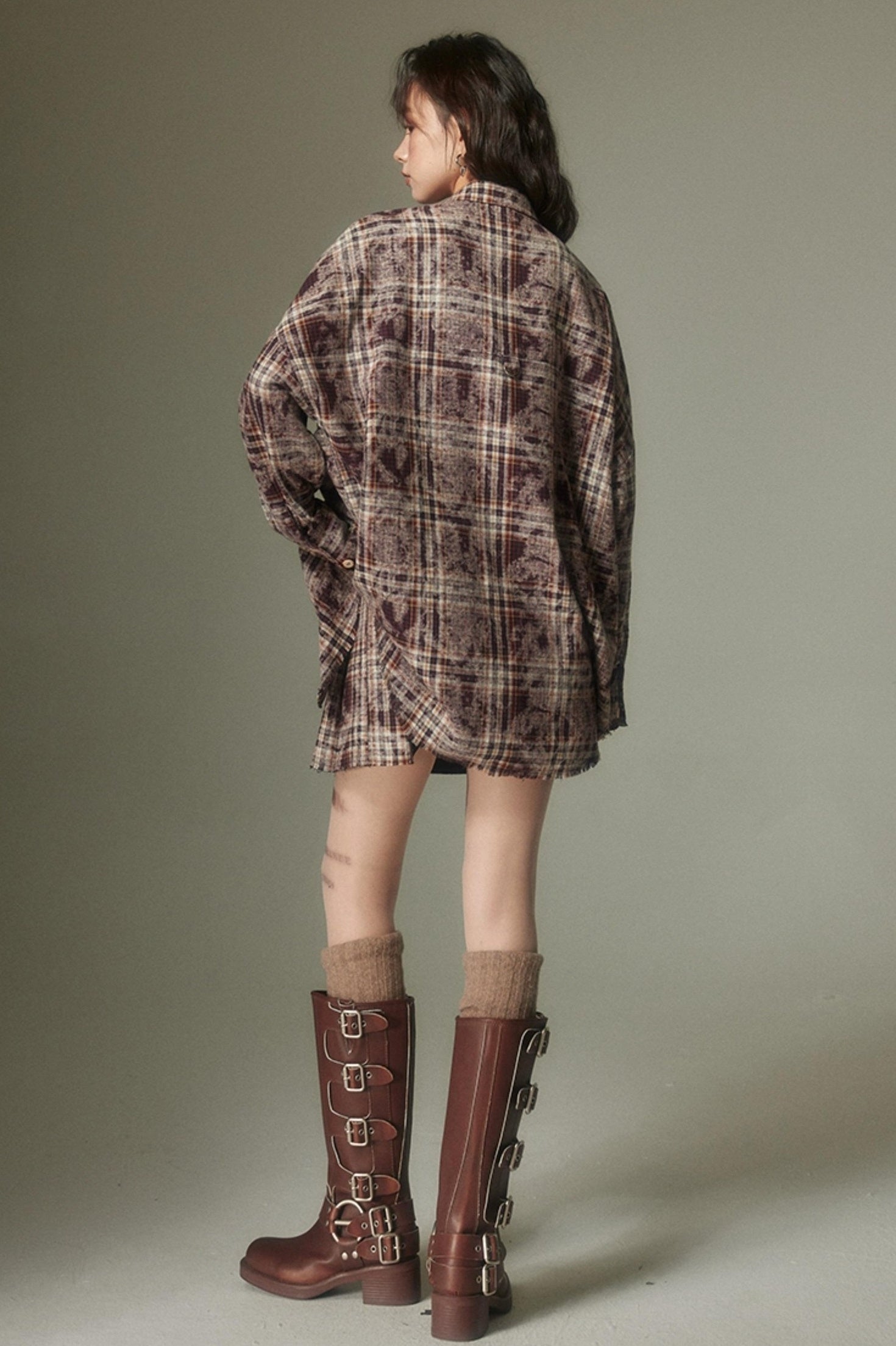 DIDDI MODA Vintage Plaid Shirt Pleated Skirt Set Retro Punk Style
